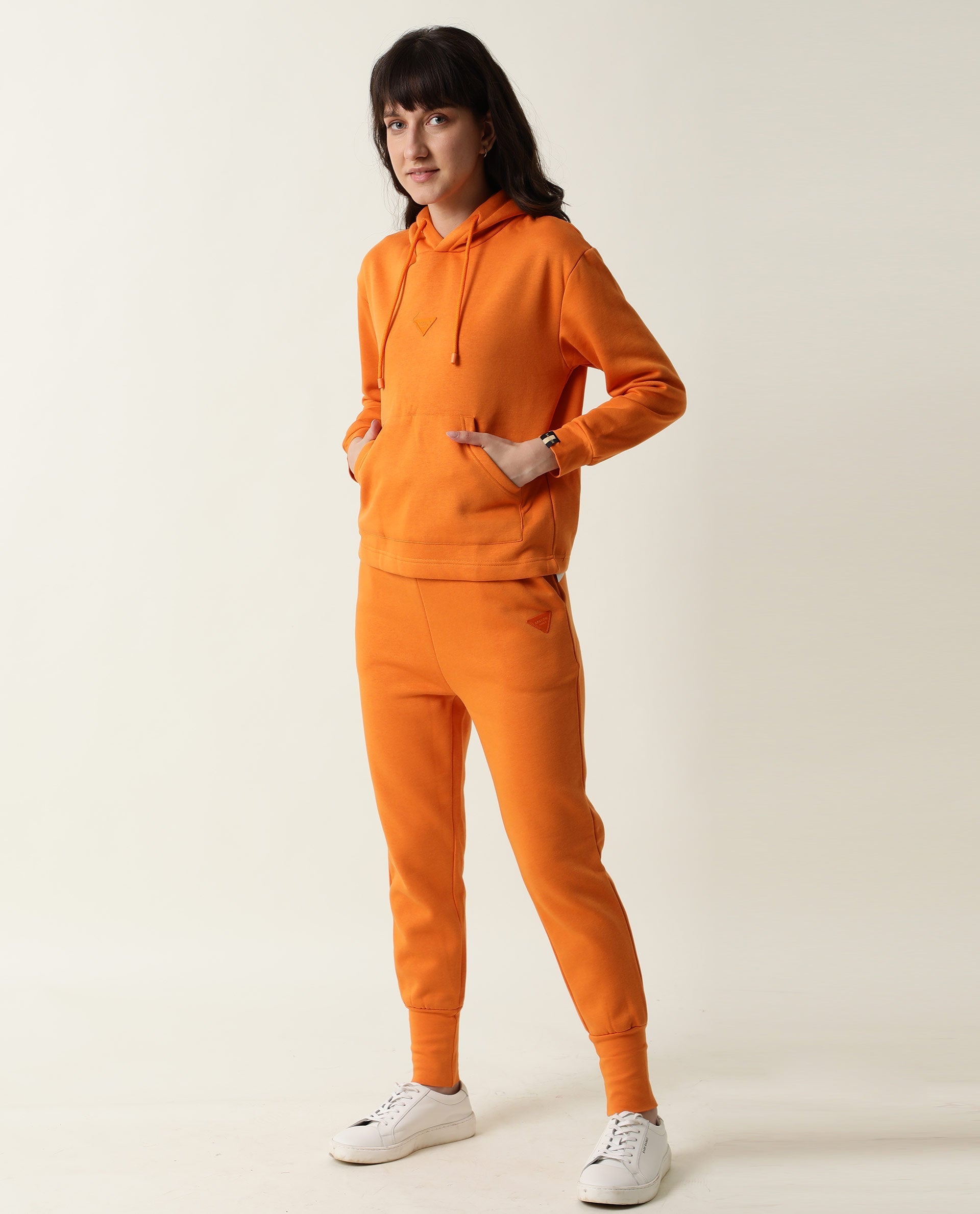 Rareism Women's Wally-1 Orange Cotton Blend Hooded Plain Relaxed Fit Sweatshirt