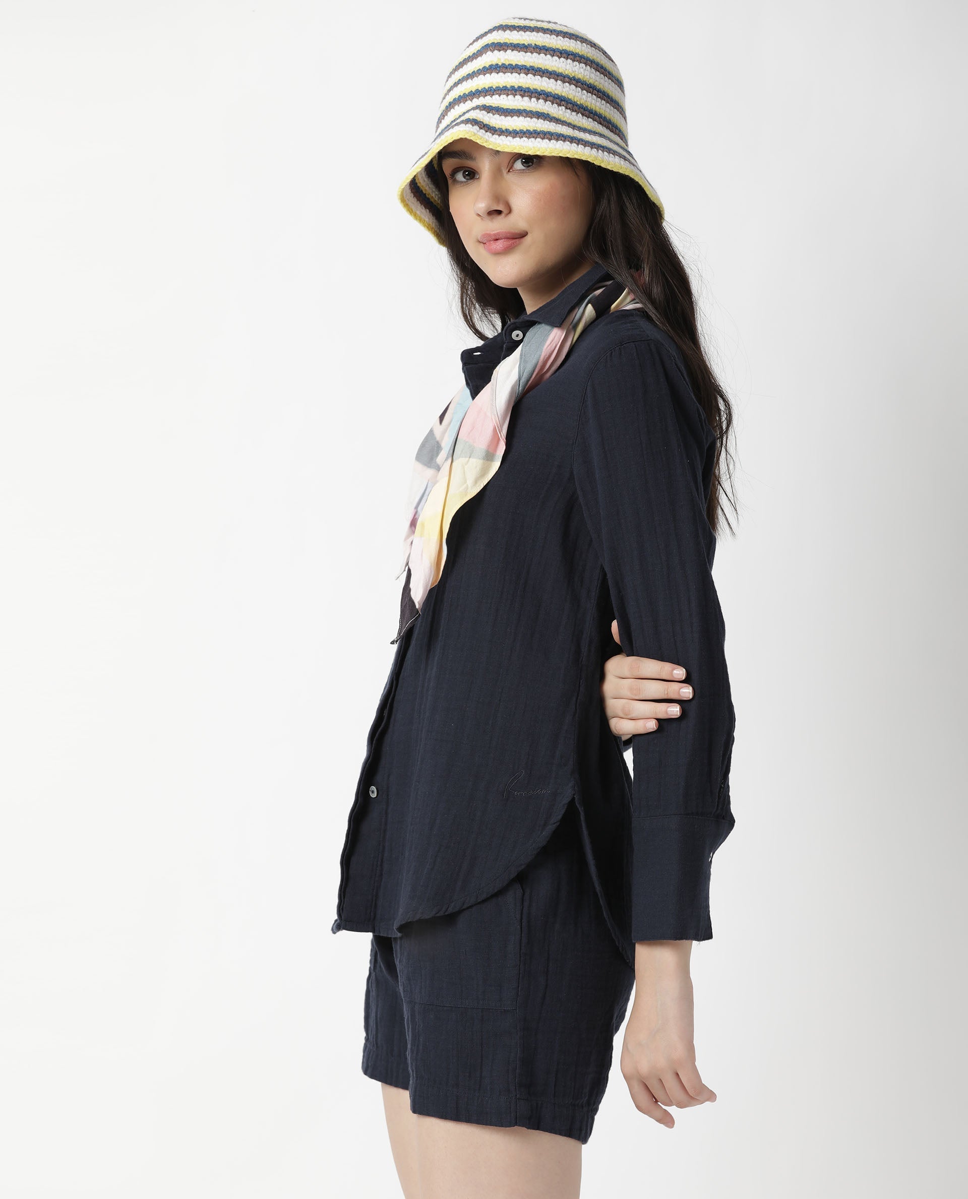 Rareism Womens Lock Navy Top Cotton Fabric Regular Fit Cuffed Sleeve Collared Neck