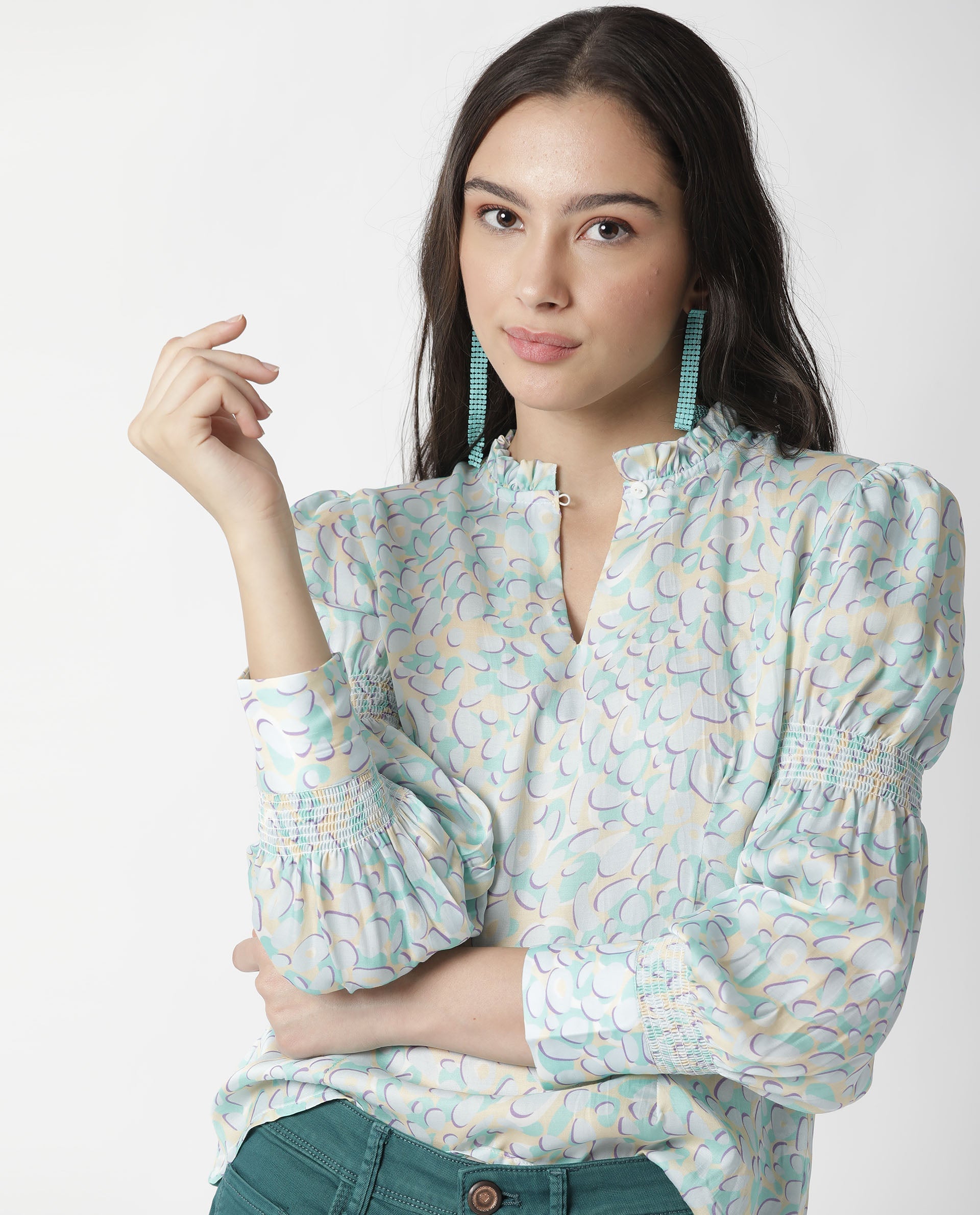 Rareism Womens Floor Purple Top Modal Satin Fabric Regular Fit Full Sleeve Ruffled Neck