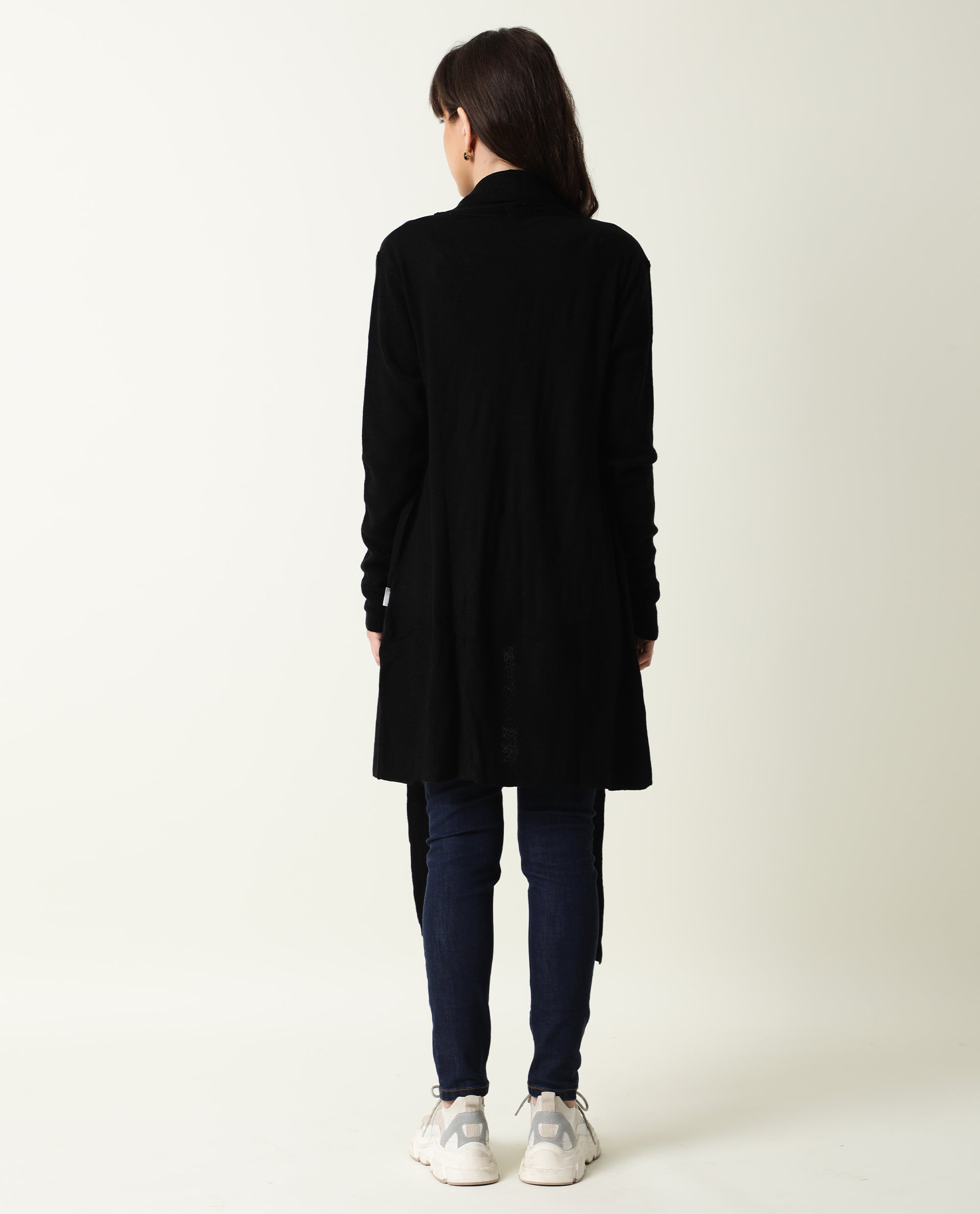 Rareism Women Flap Black Acrylic Fabric Full Sleeves Knee Length Regular Fit Solid Collarless Sweater