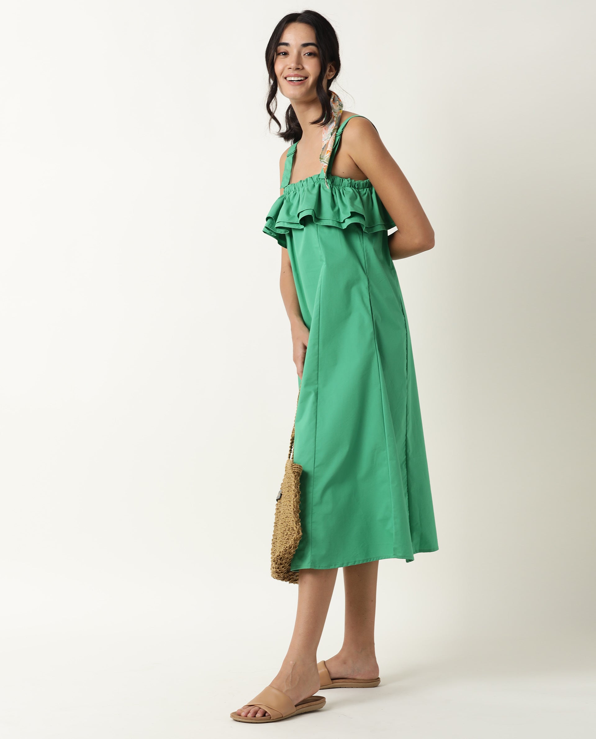 Rareism Women Shallow Green Broad Shoulder Straps Ruffled Square Neck With Pockets Midi Dress