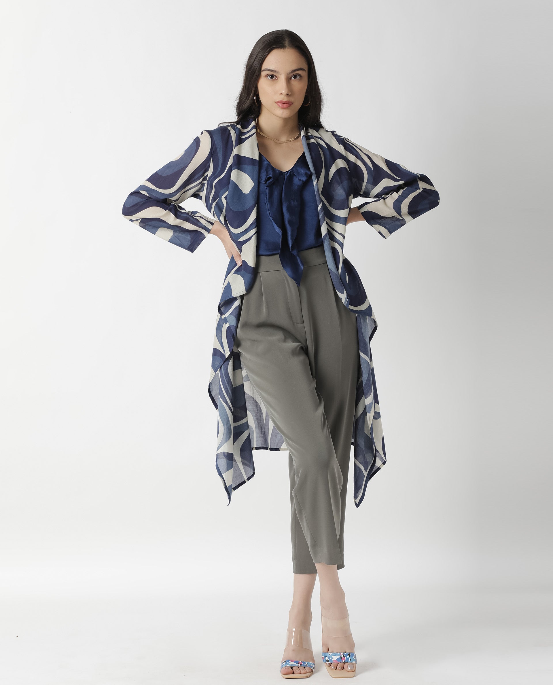Rareism Women Bohem Blue Overlayer Full Sleeves Printed