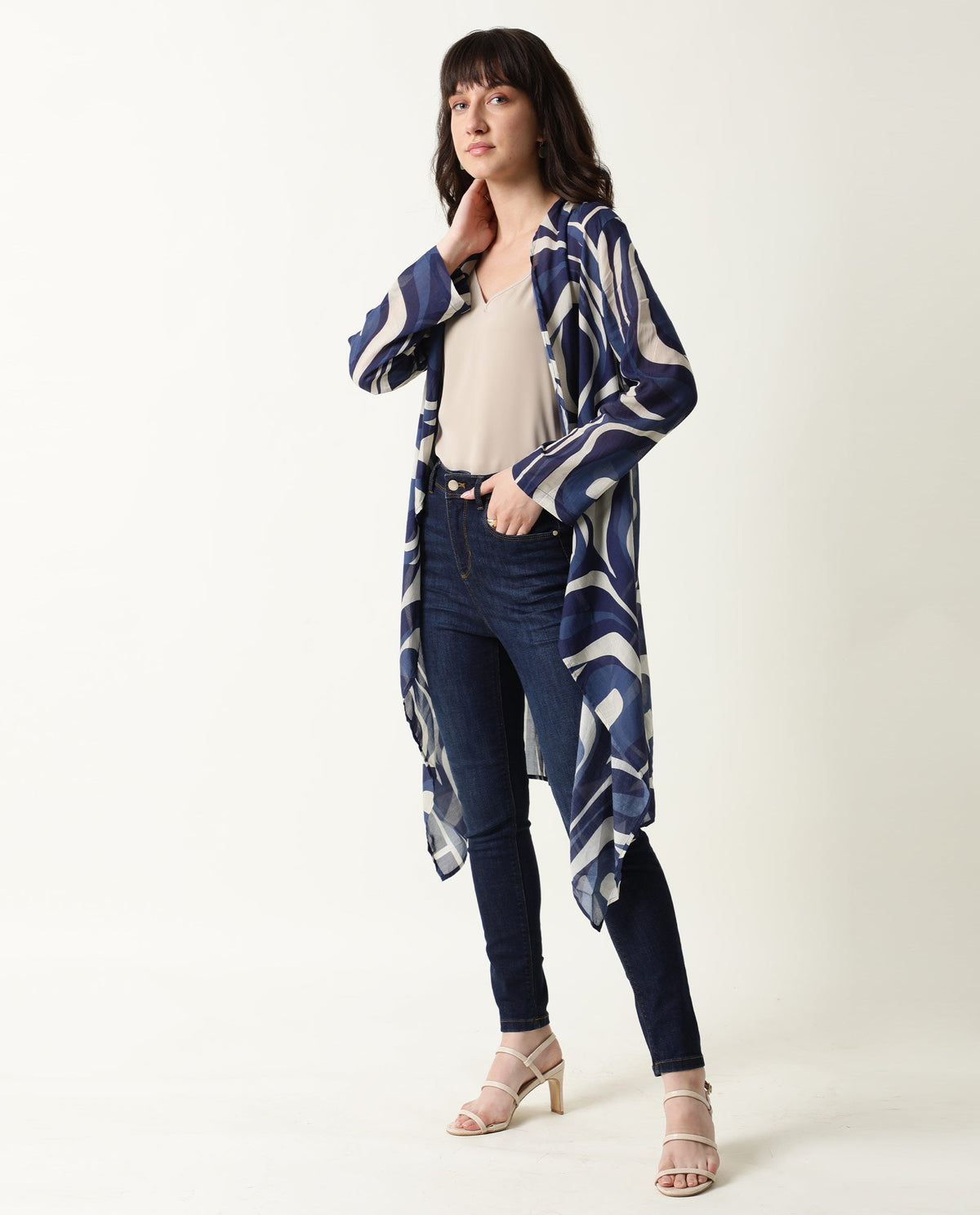 Rareism Women Bohem Blue Overlayer Full Sleeves Printed