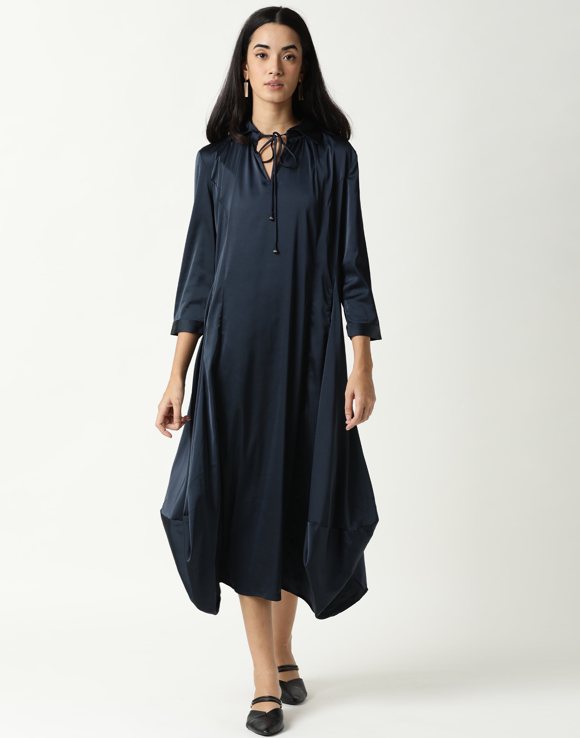 Rareism Womens Drella Navy Dress Modal Lycra Fabric Regular Fit Half Sleeve Lapel Neck