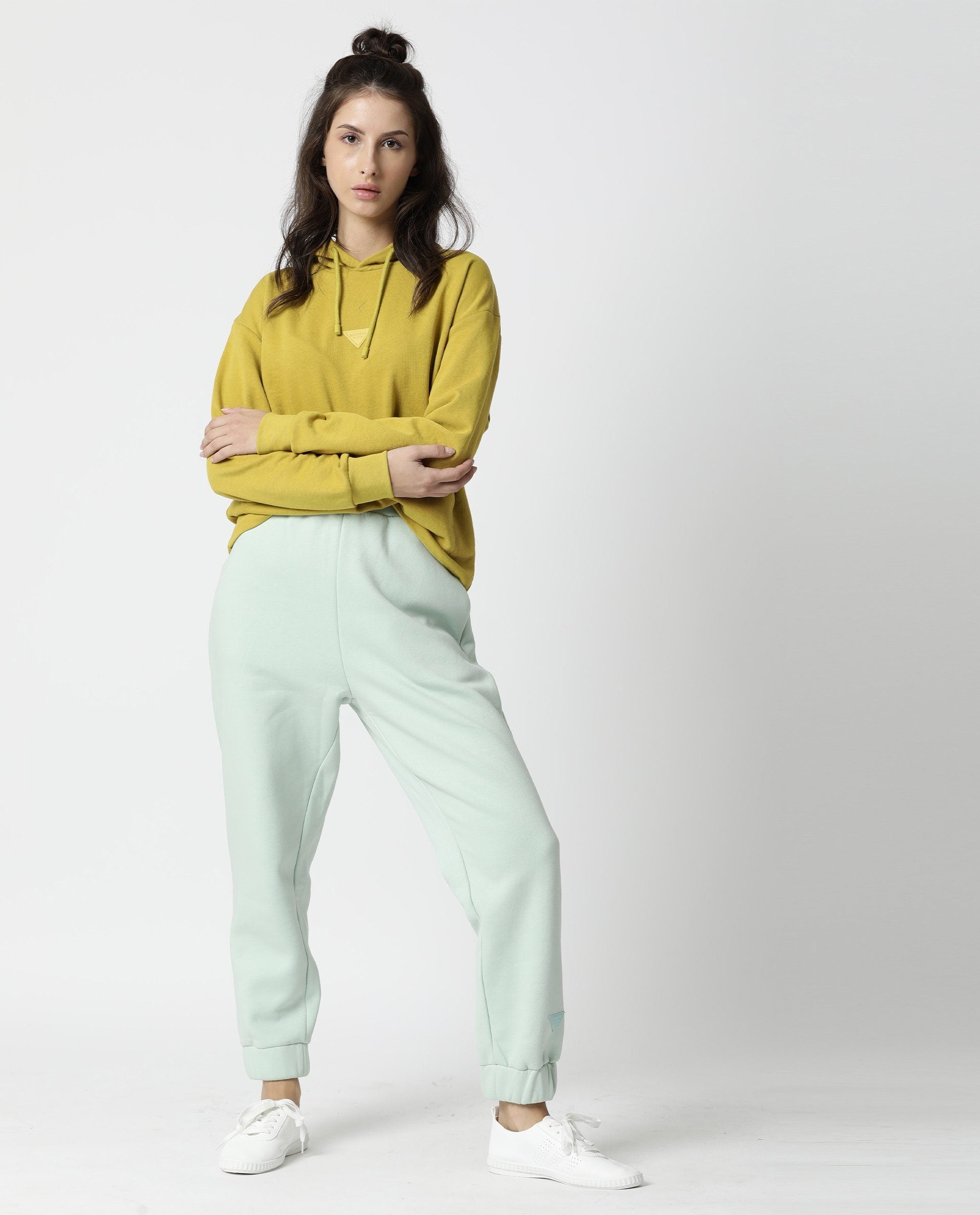 Rareism Women Wally Yellow Cotton Poly Fabric Relaxed Fit Full Sleeves Solid Hooded Sweatshirt