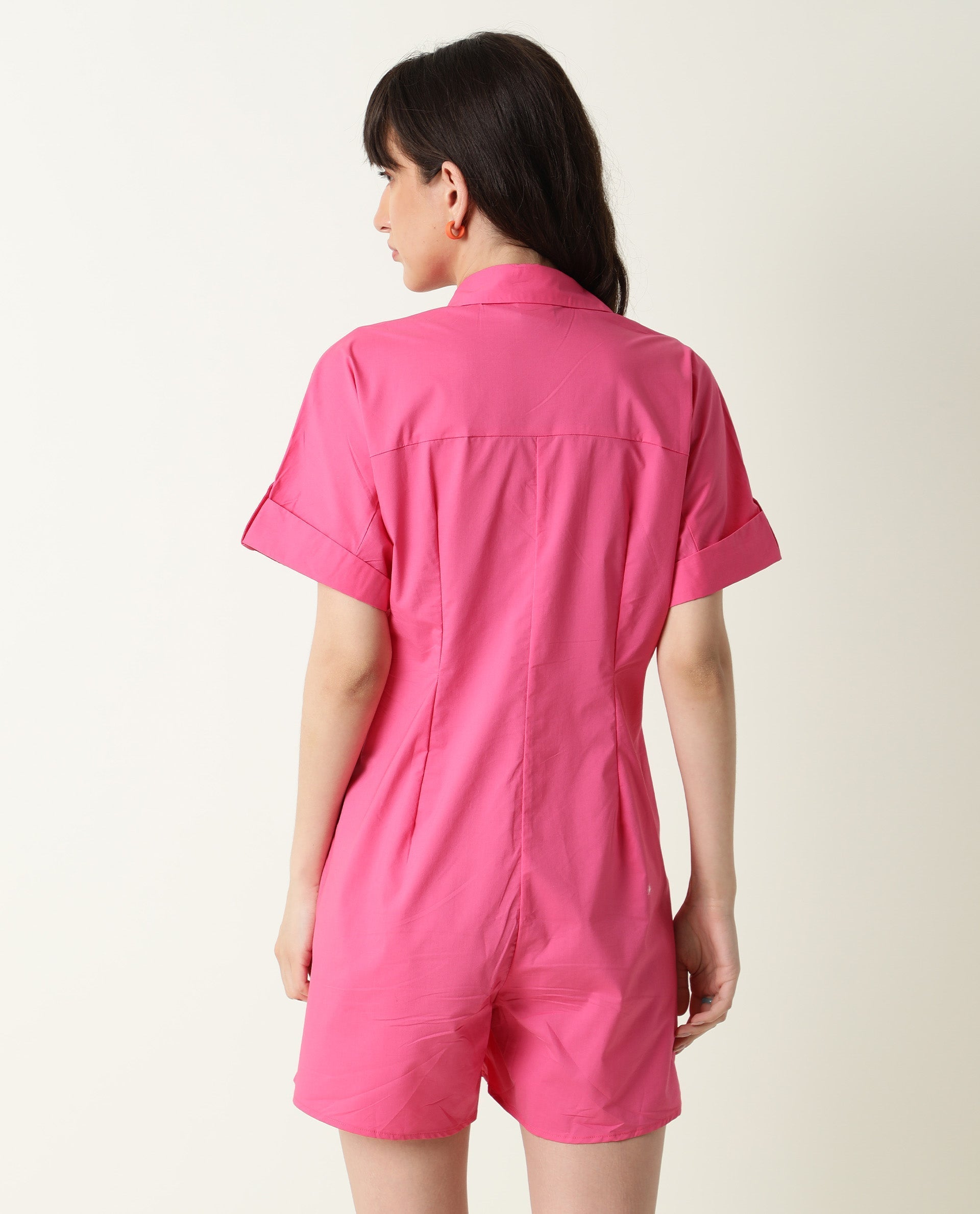 Rareism Womens Bitsy Pink Playsuit Cotton Lycra Fabric Regular Fit Half Sleeve Collared Neck