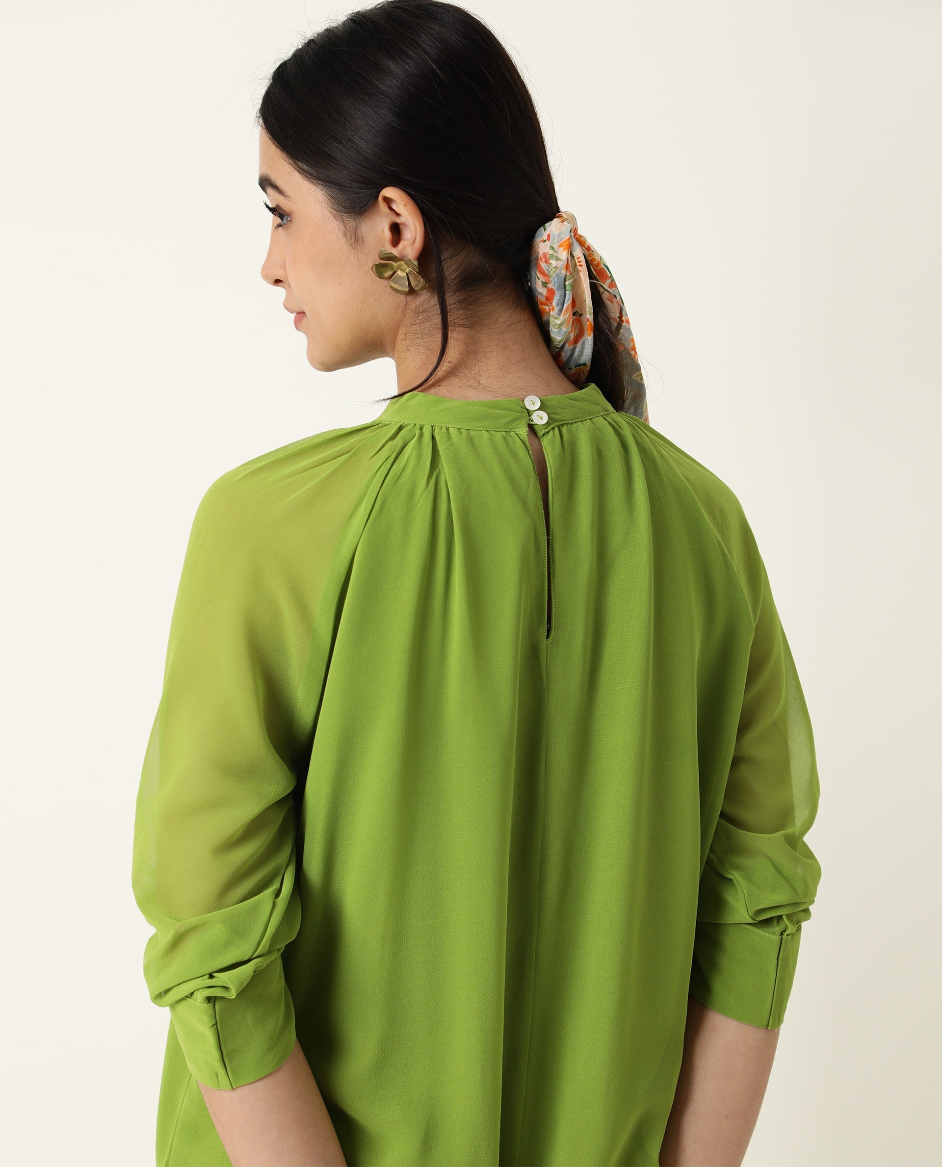 Rareism Women Frag Green High Collared Neck With Gathers Short Sleeves With Cuff Back Button Closure Midi Dress