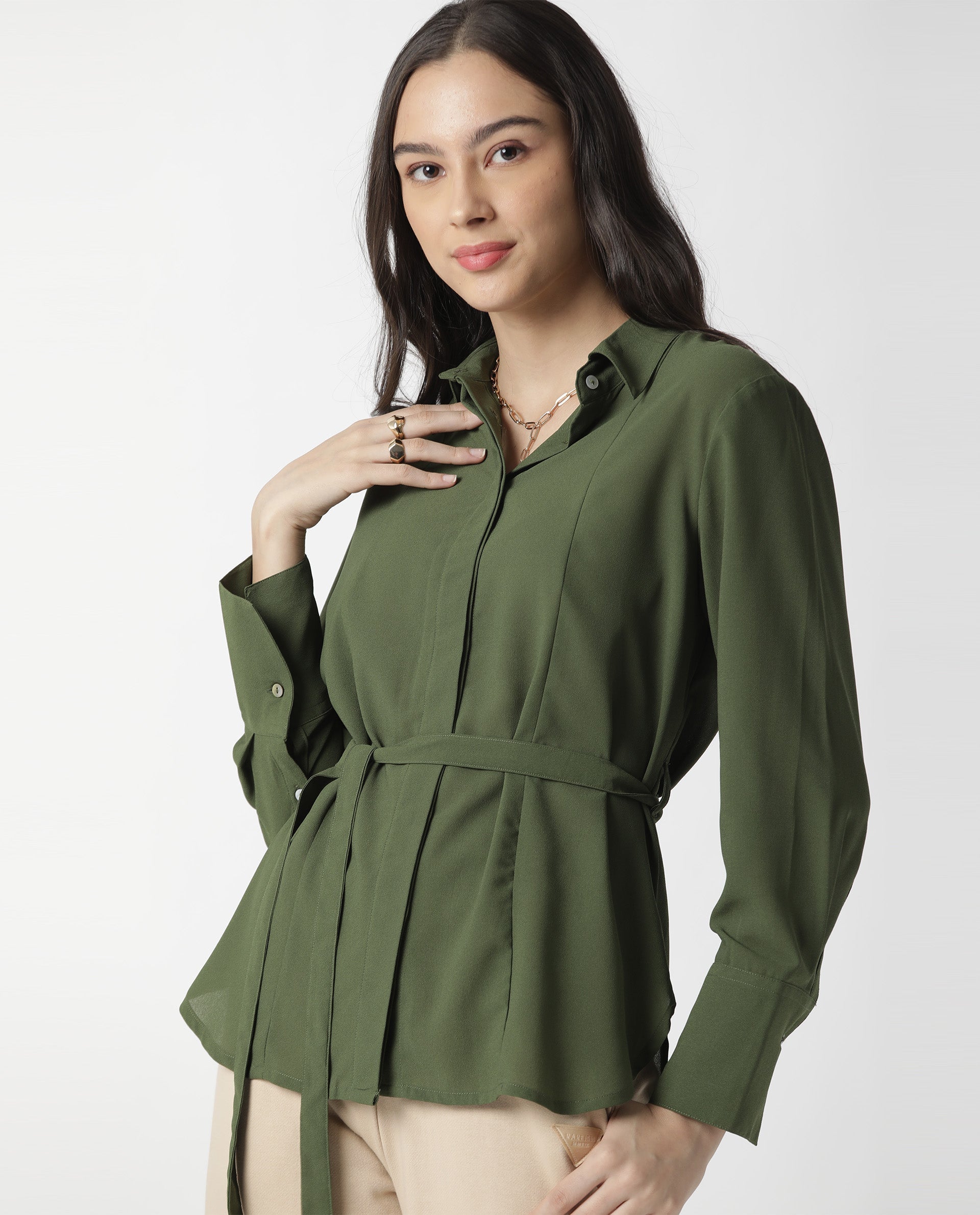 Rareism Women Mould Green Top Full Sleeves Solid