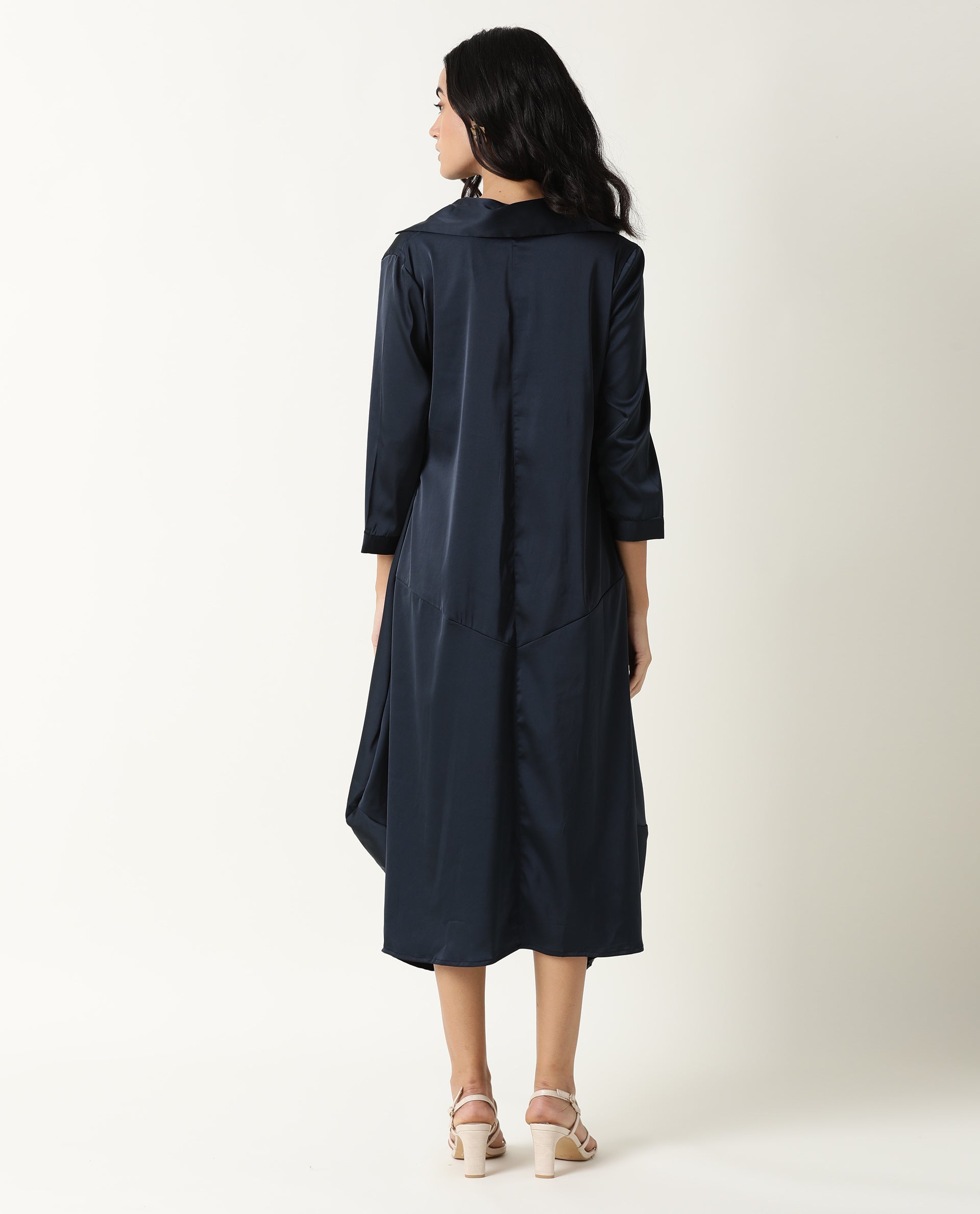 Rareism Womens Drella Navy Dress Modal Lycra Fabric Regular Fit Half Sleeve Lapel Neck