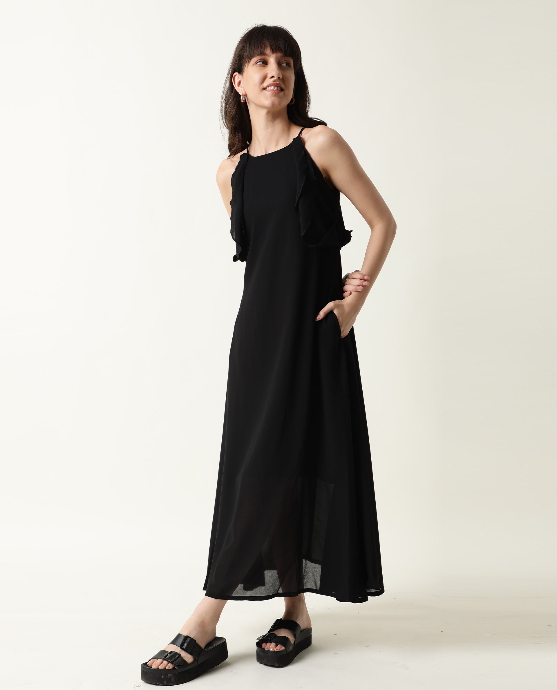 Rareism Women Decora Black Round Neck Spaghetti Shoulder Straps With Ruffles And Pockets Maxi Dress