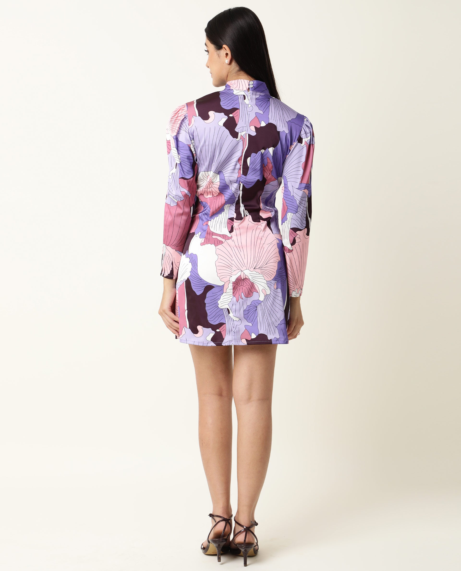 Rareism Women's Mylah Multi High Neck Floral Print Knee Length Regular Fit Dress