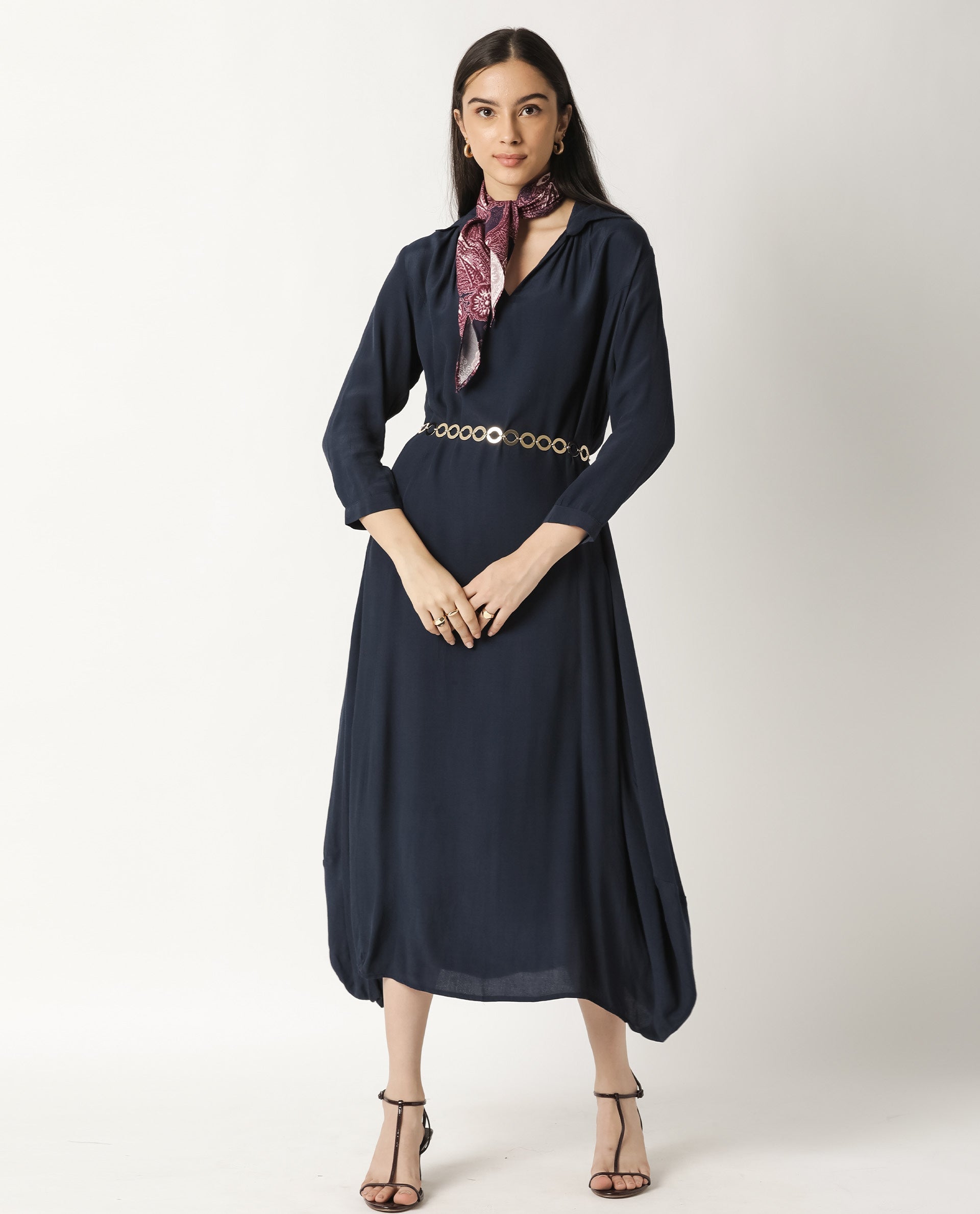 Rareism Women Janice Navy Shirt Collar 3/4 Sleeves Asymmetric Midi Dress