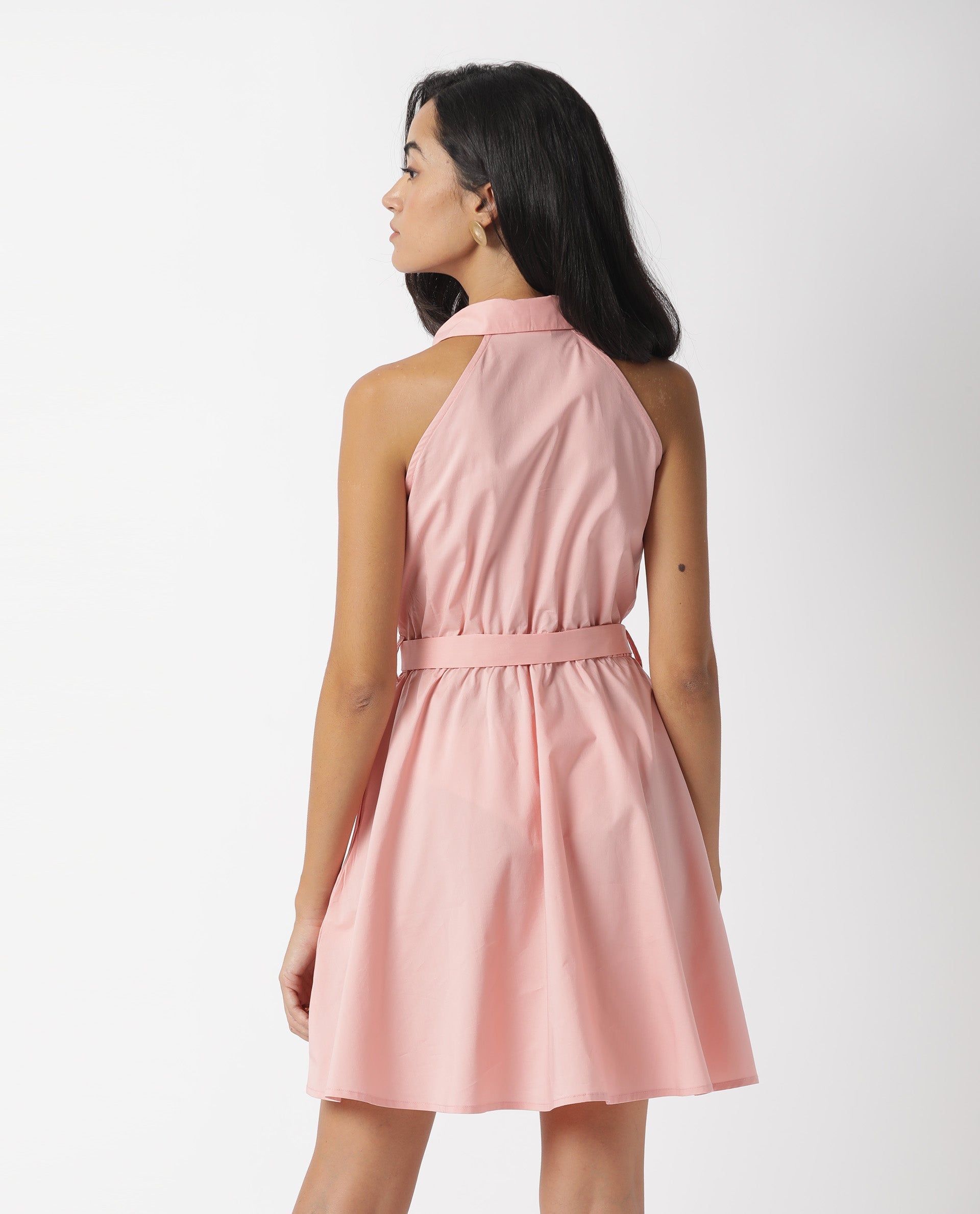 Rareism Women's Bessie Peach Spread Collar Plain Sleeveless Knee Length Regular Fit Dress