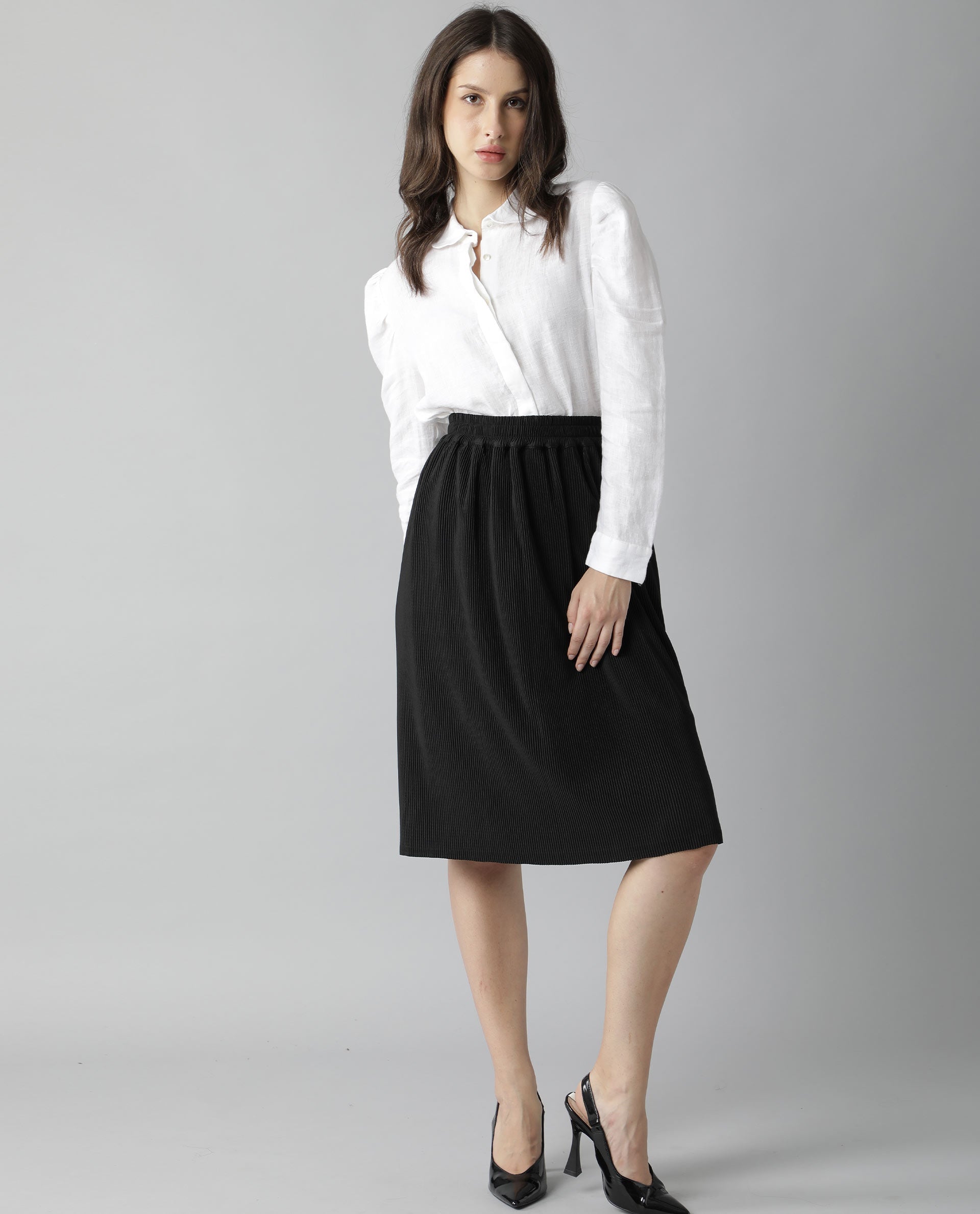 Rareism Womens Browse Black Skirt Pleated Mid Length Back Slit
