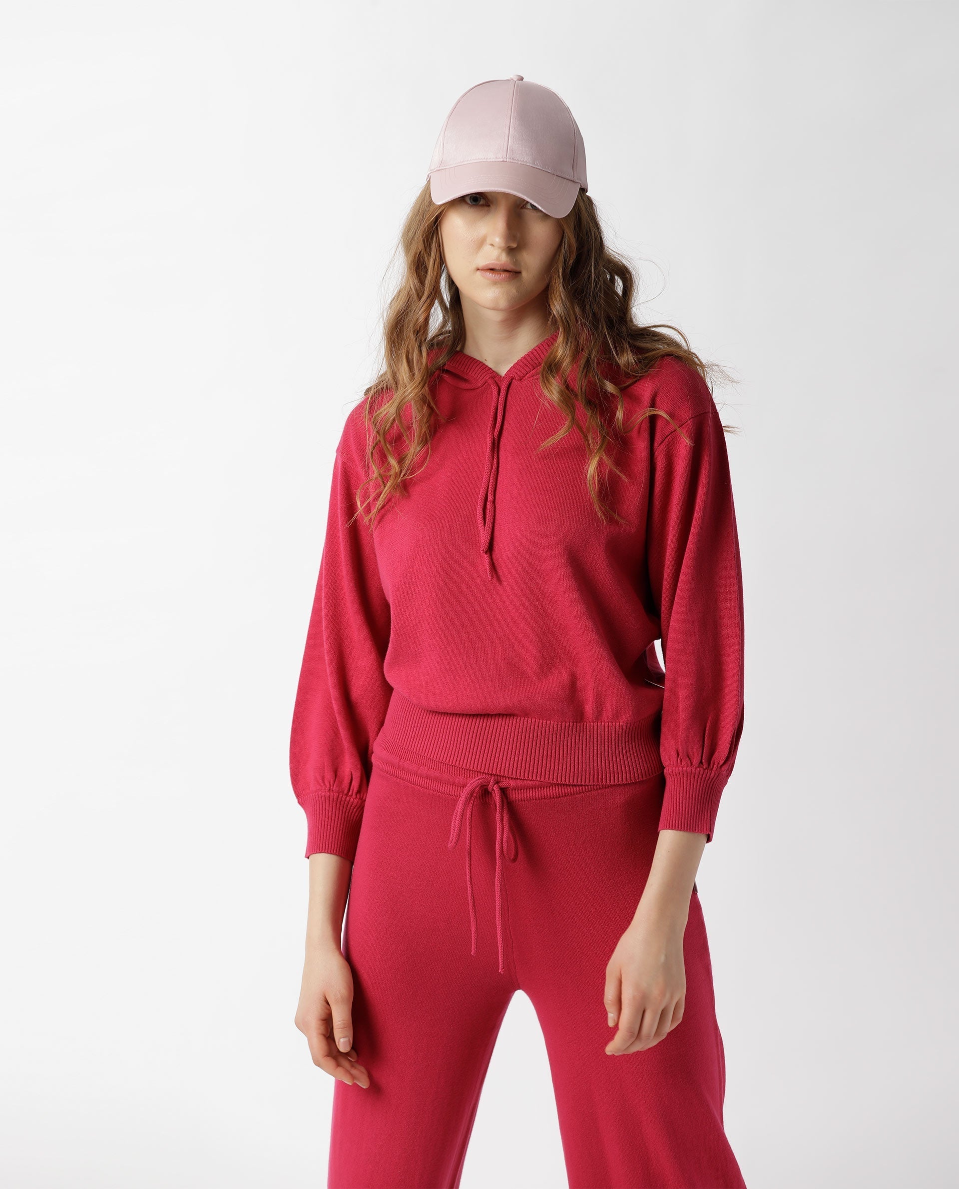 Rareism Women's Finn Sweat Dark Pink Cotton Hooded Plain Relaxed Fit Sweater