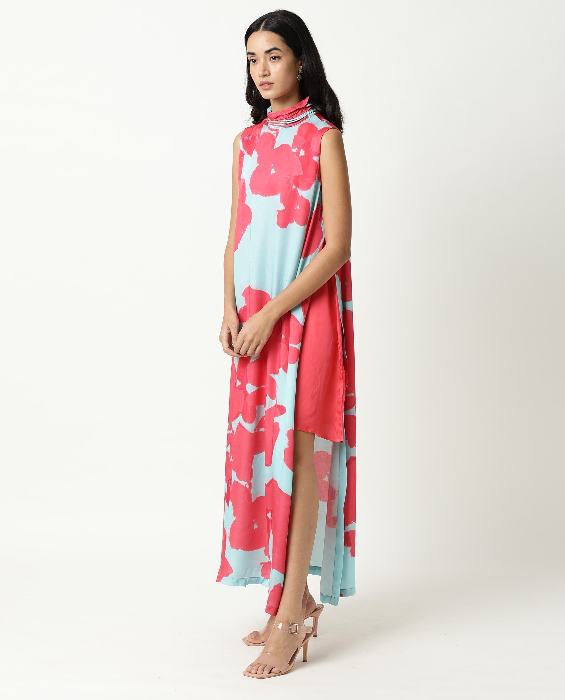 Rareism Womens Baldo Blue Dress Modal Satin Fabric Fitted Fit Sleeveless Ruffled Neck
