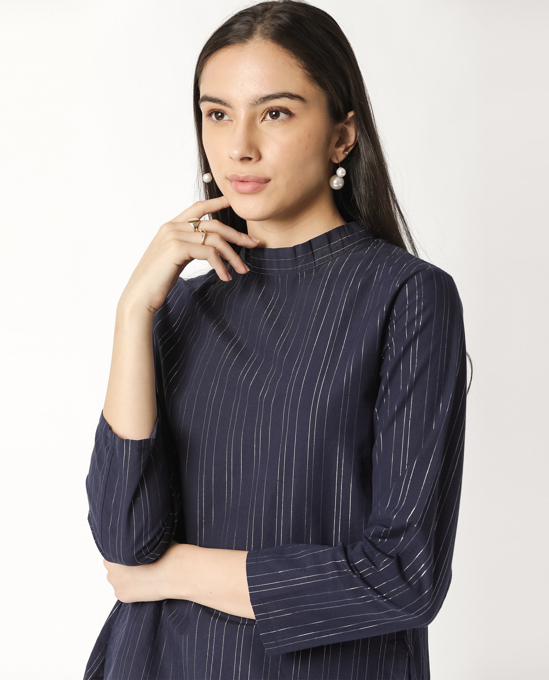 Rareism Women Tarnish Navy  Regular Fit High Neck Full Sleeves Striped Top