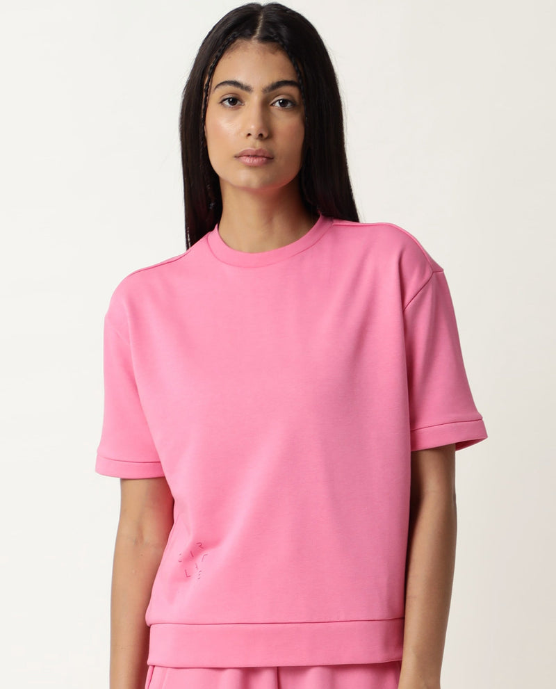 Rareism Women Coco Flouroscent Pink Cotton Fabric Half Sleeves Relaxed Fit Solid Round Neck Sweat Tee