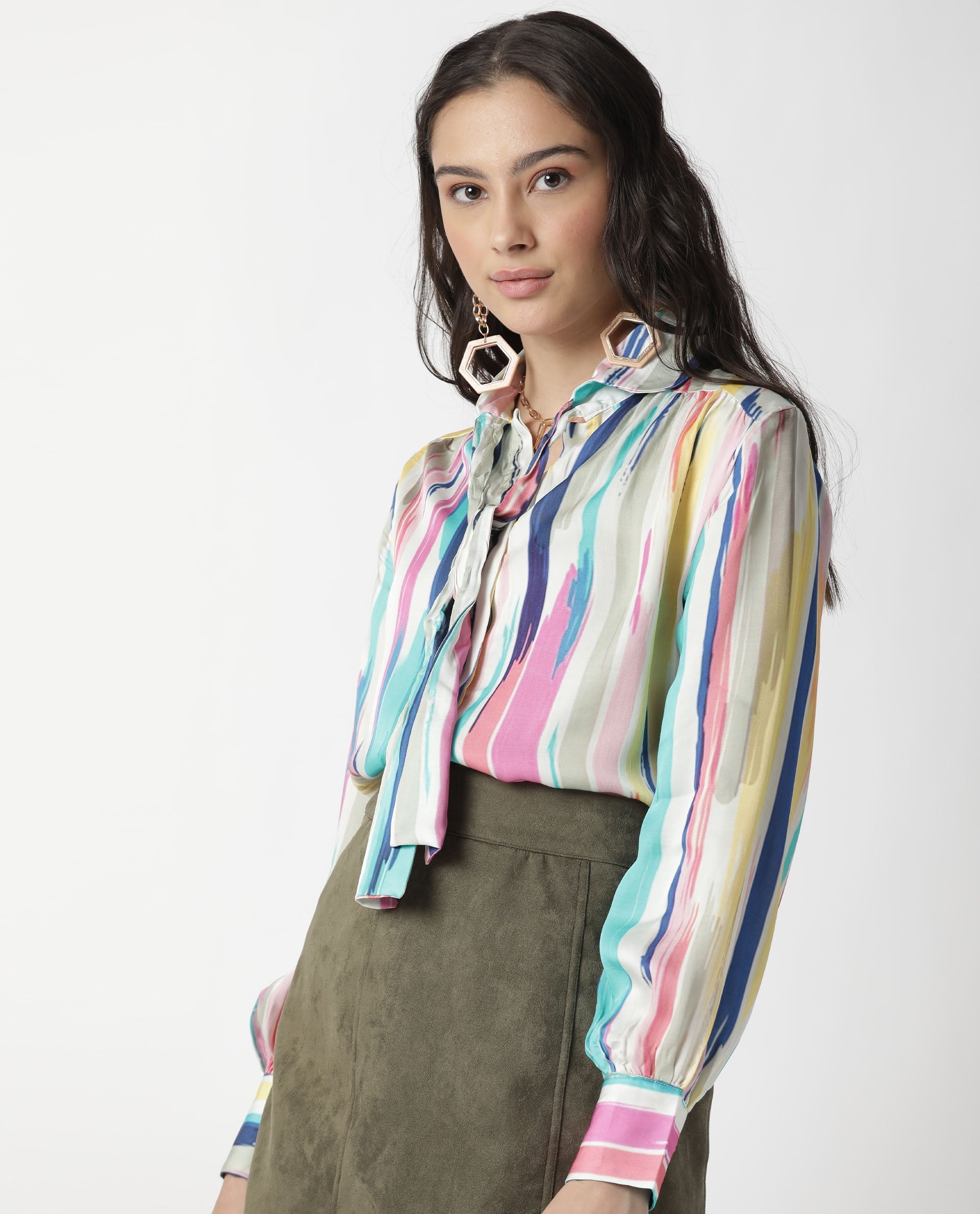 Rareism Womens Mingo Multi Top Modal Satin Fabric Regular Fit Volume Sleeve Tie Up