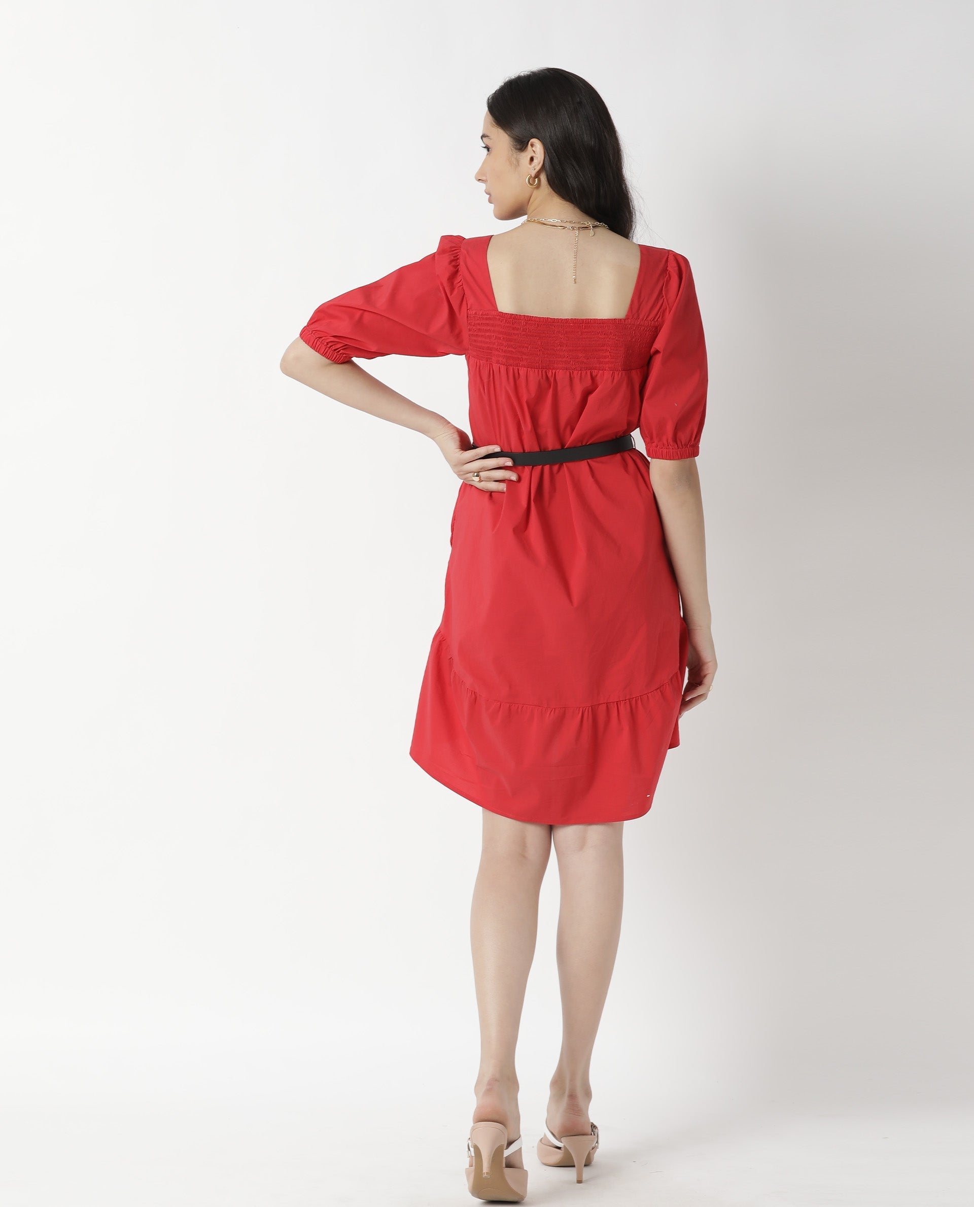 Rareism Womens Catchy Red Dress Cotton Lycra Fabric Relaxed Fit Puff Sleeves Square Neck