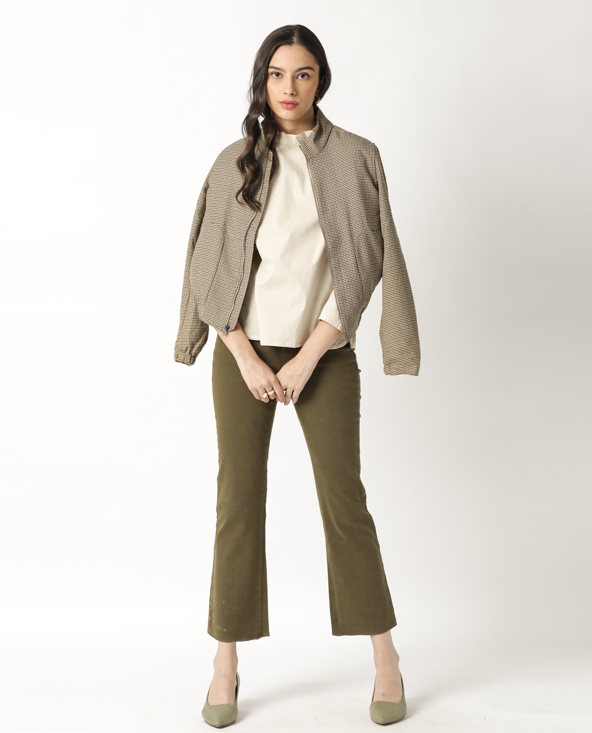 Rareism Womens Alex Yellow Bomber Jacket Full Sleeves Check Pattern