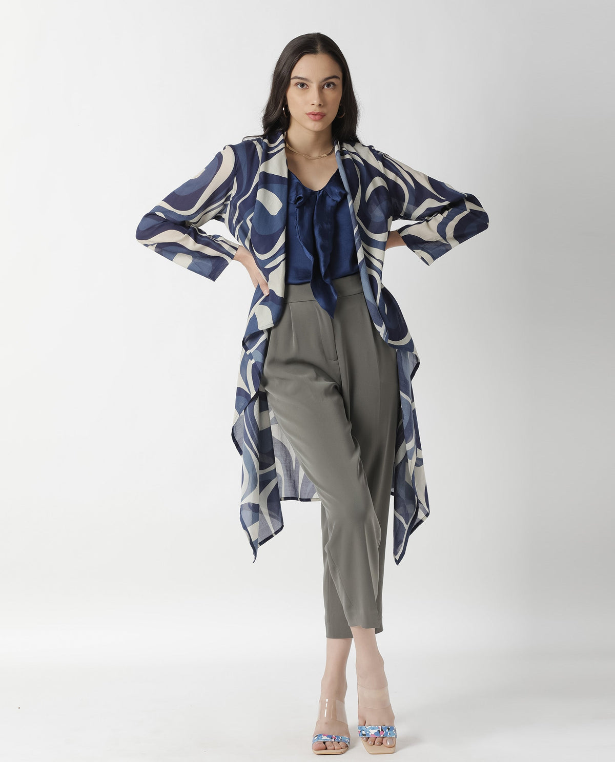 Rareism Women Bohem Blue Overlayer Full Sleeves Printed