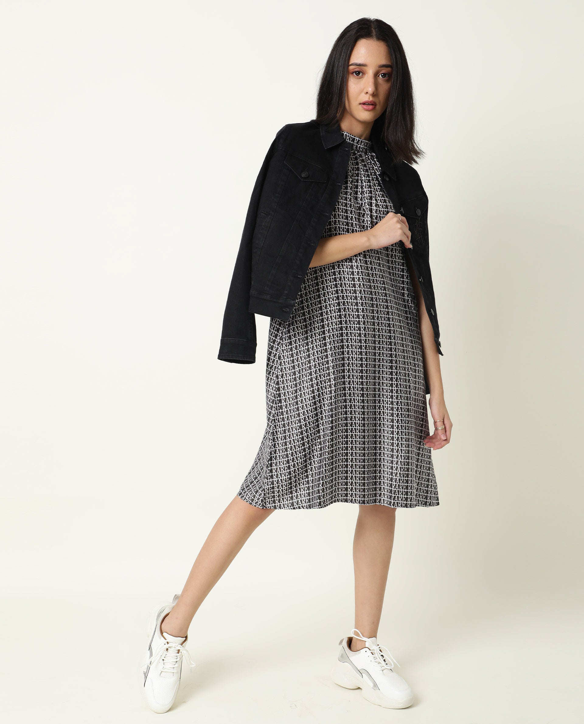 Rareism Women Renata Black Halter Neck With Tie Up Back And Pockets Knee Length Dress