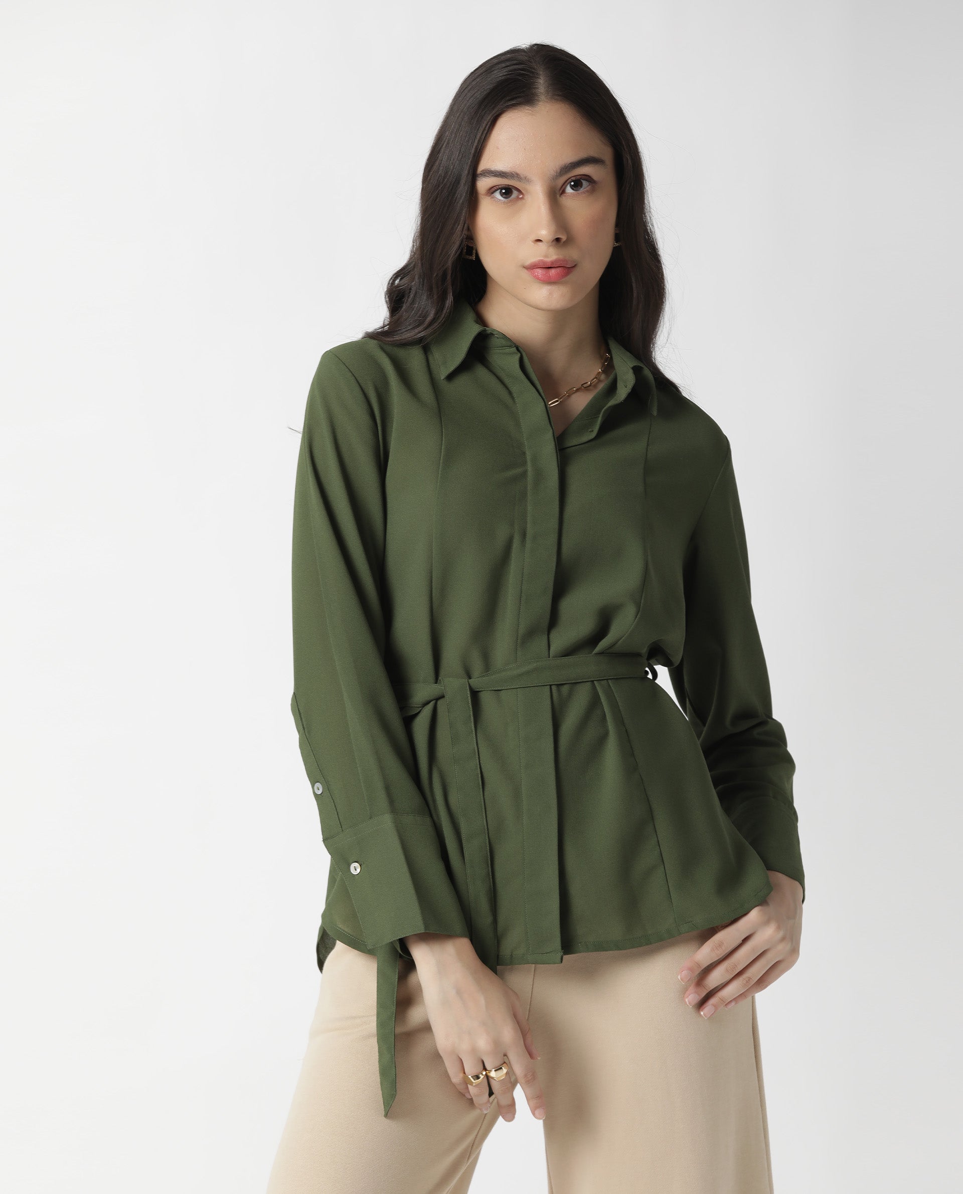 Rareism Women Mould Green Top Full Sleeves Solid
