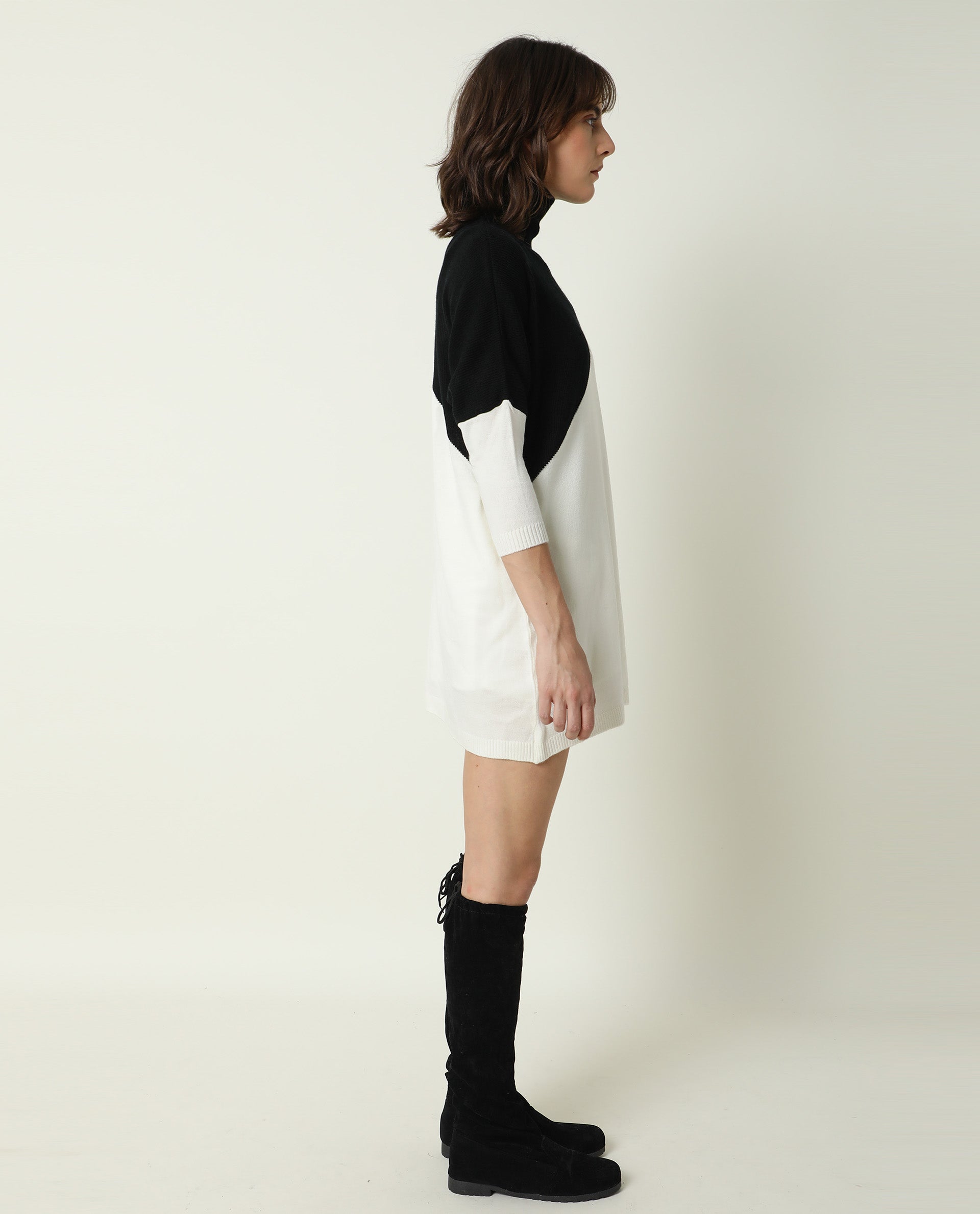 Rareism Women's Spaton Black Acrylic High Neck Color Block Knee Length Regular Fit Sweater