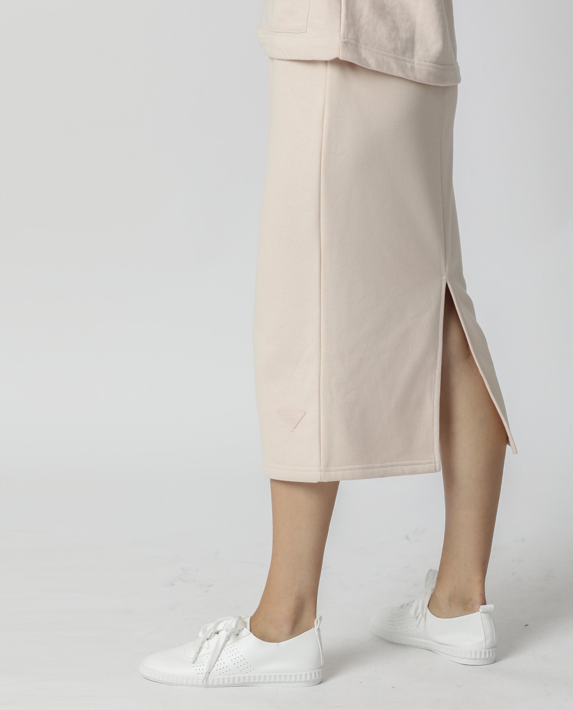 Rareism Women Fudge Beige Poly Cotton Fabric Tailored Fit High Rise Solid Midi Skirt