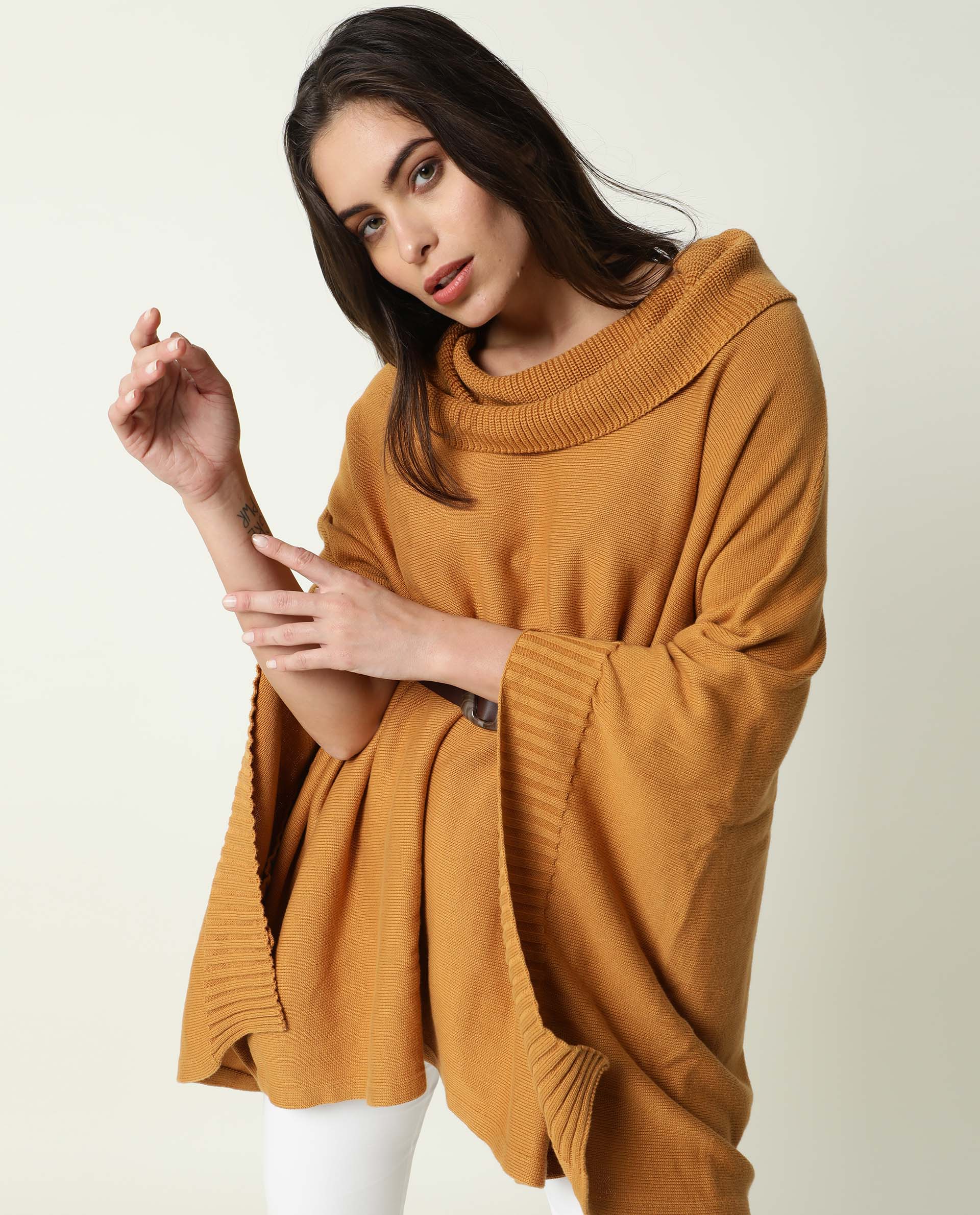 Rareism Womens Kafty Brown Over Layer Tube Neck Half Sleeve Oversize Fit