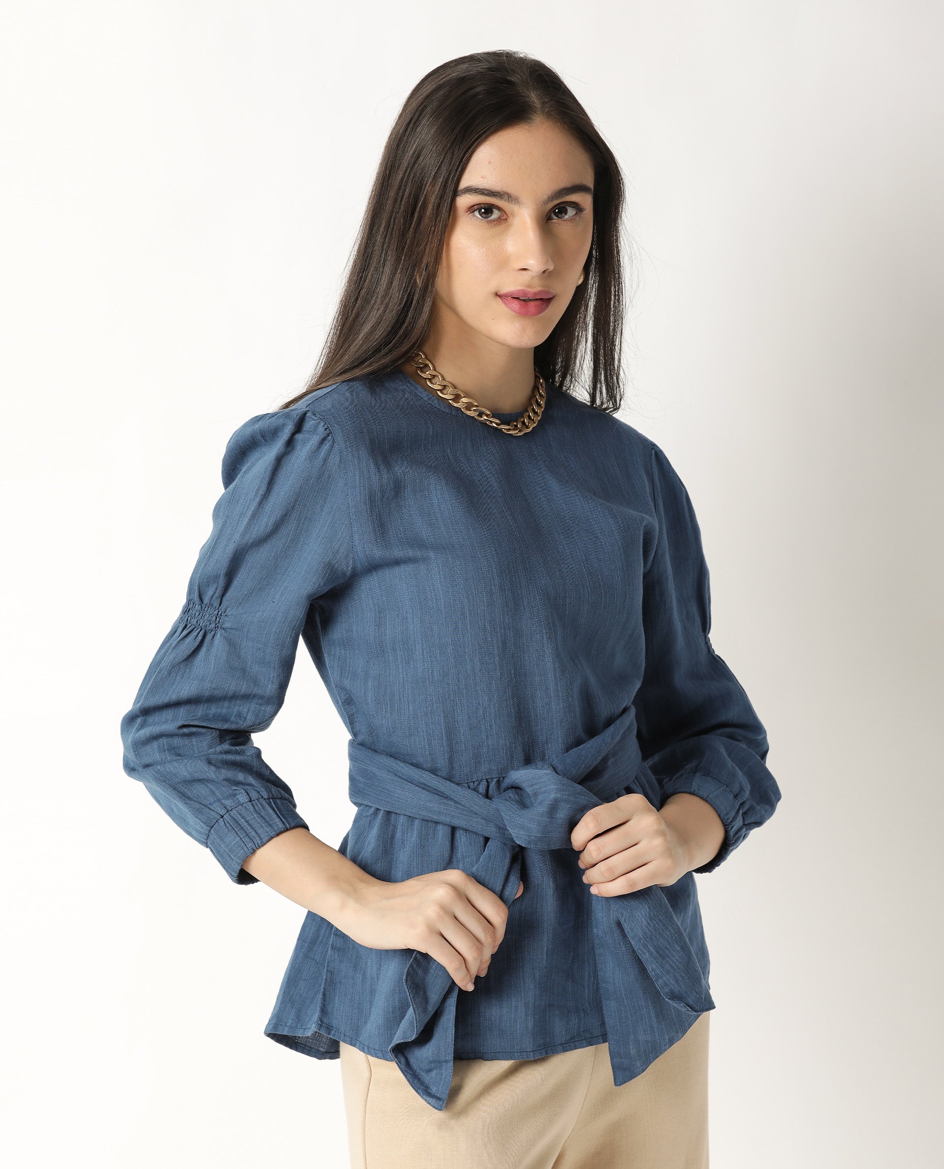 Rareism Womens Mocky Petrol Top Full Sleeve Elasticated Cuff Crew Neck