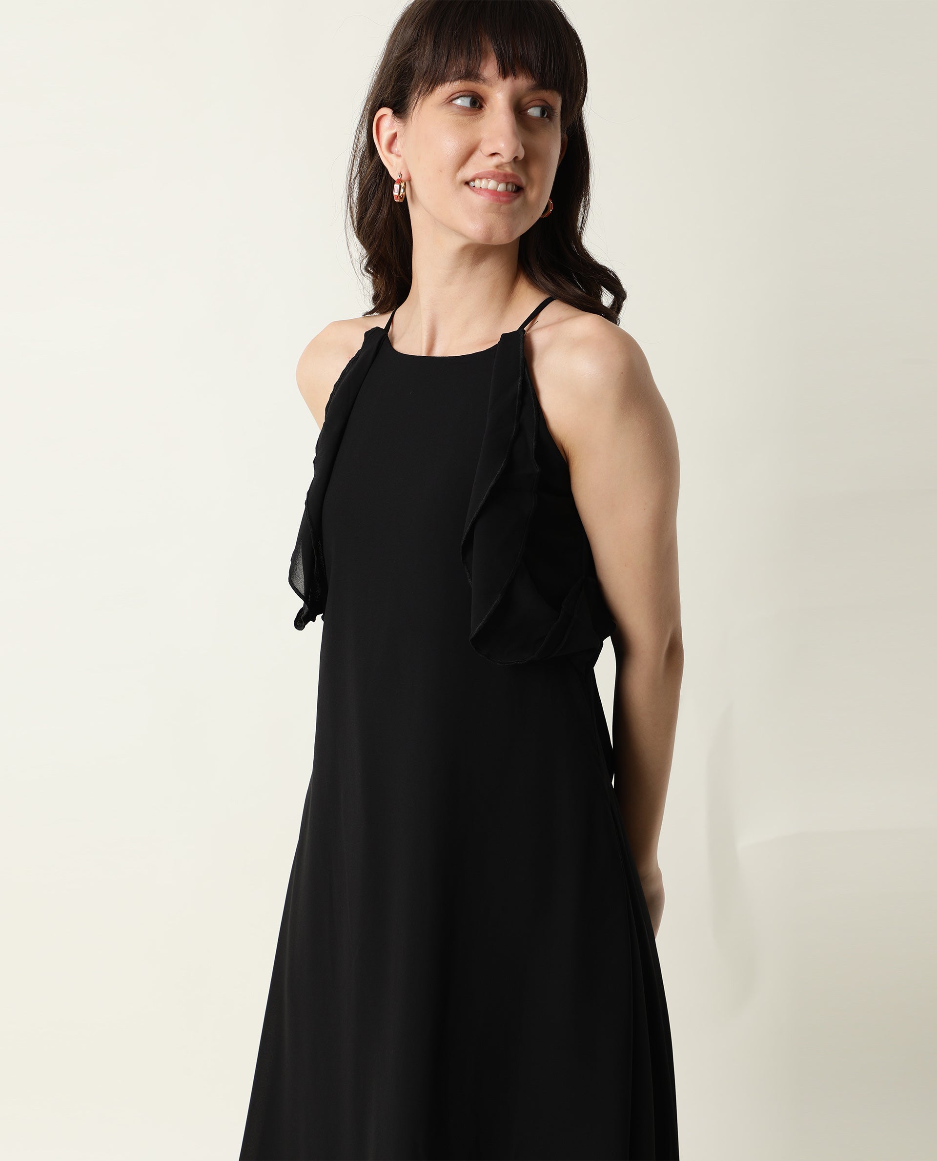 Rareism Women Decora Black Round Neck Spaghetti Shoulder Straps With Ruffles And Pockets Maxi Dress