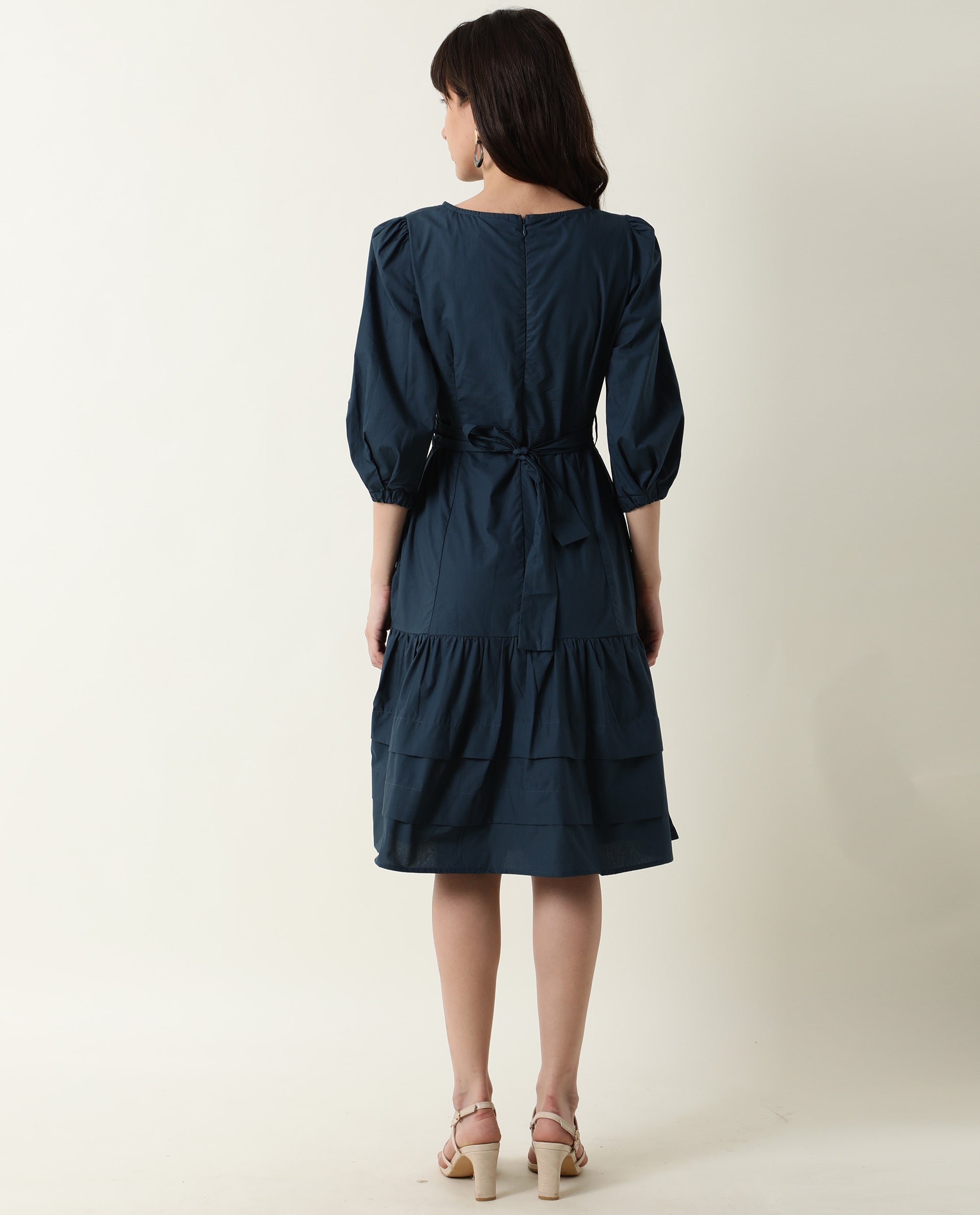 Rareism Womens Peas Petrol Dress Cotton Fabric Regular Fit Puff Sleeves Round Neck