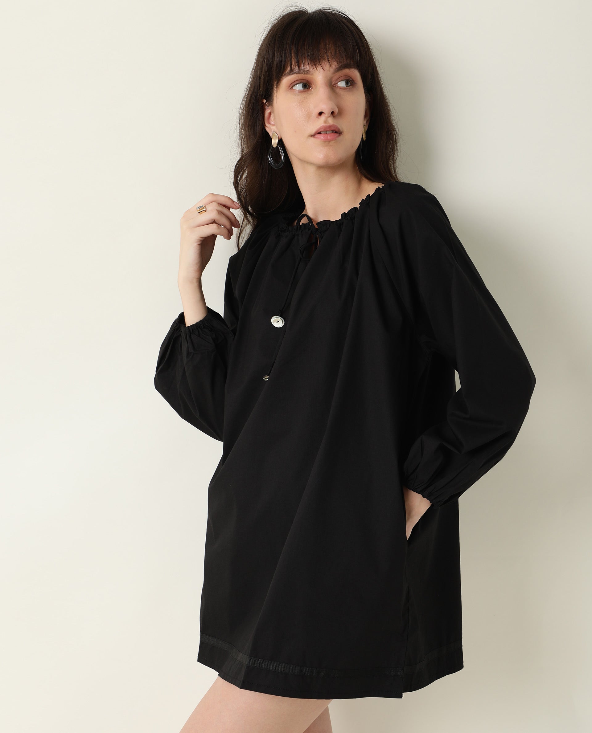 Rareism Women Sapie Black Gathered Neckline With Tie Up Full Sleeves And Pockets Mini Dress