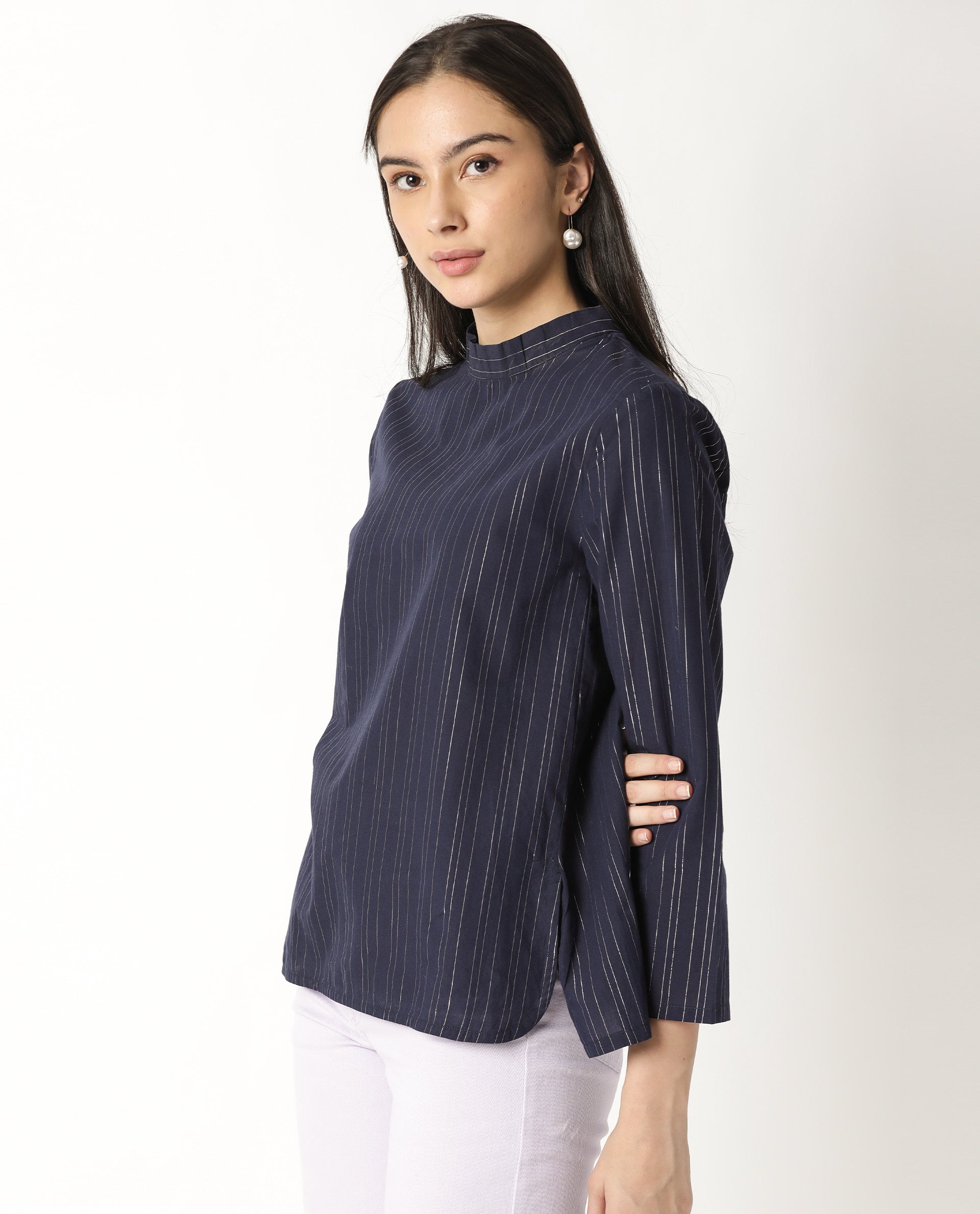 Rareism Women Tarnish Navy  Regular Fit High Neck Full Sleeves Striped Top