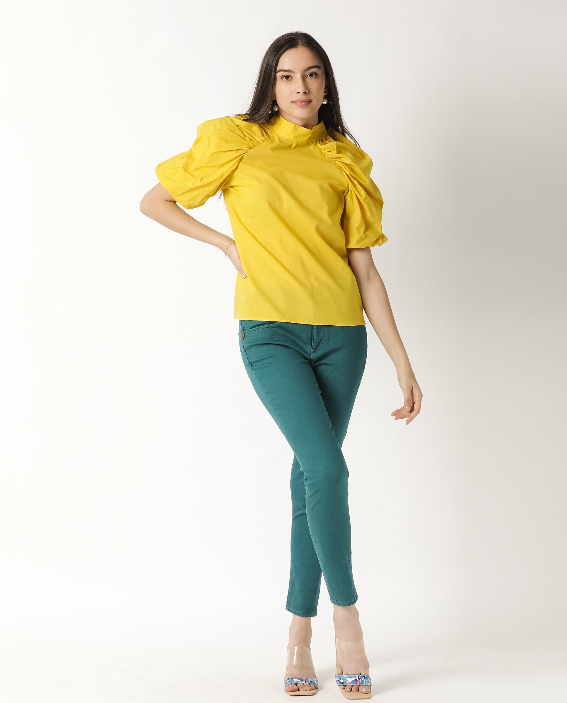 Rareism Womens Bobby Yellow Top Cotton Fabric Half Sleeve High Neck