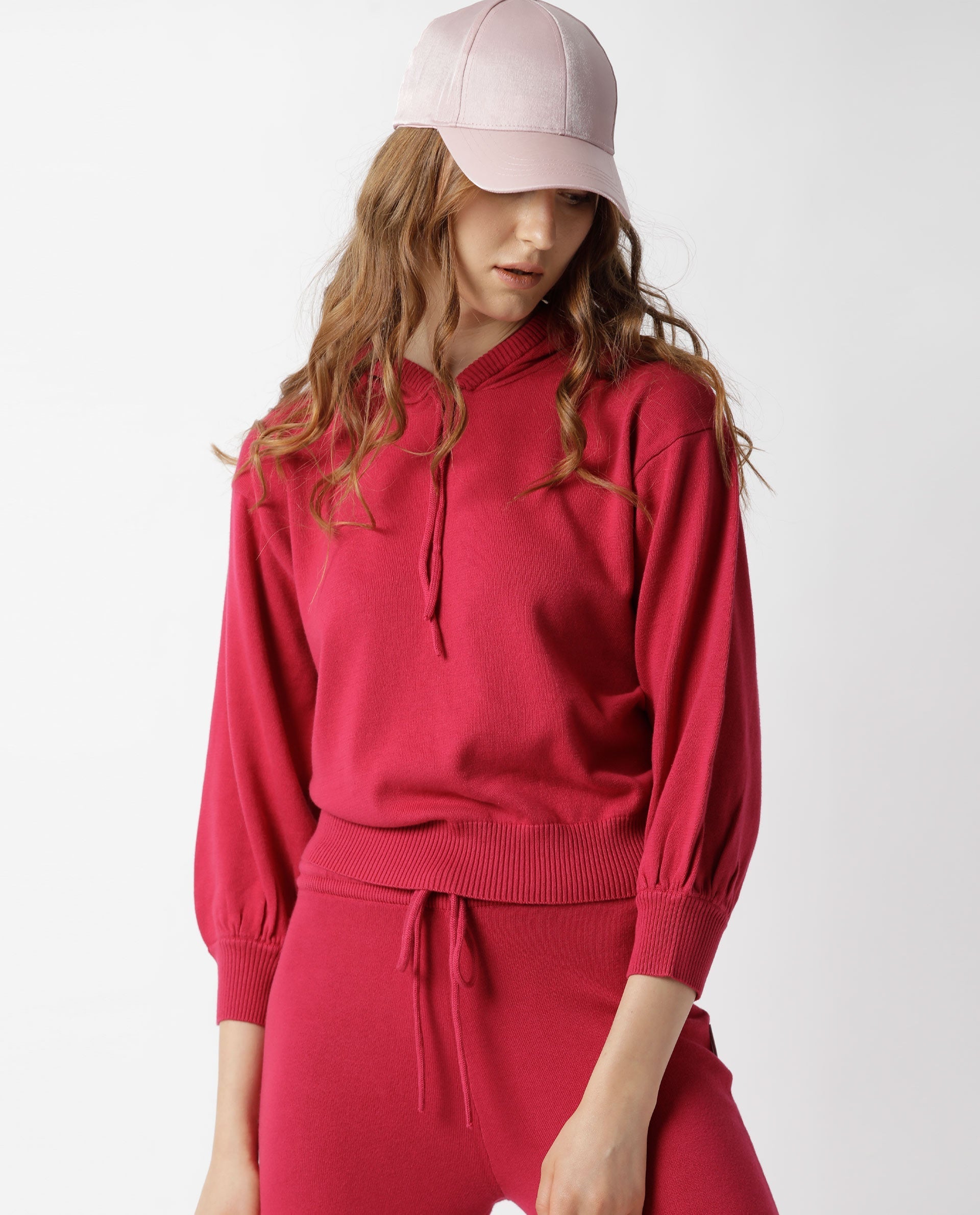 Rareism Women's Finn Sweat Dark Pink Cotton Hooded Plain Relaxed Fit Sweater