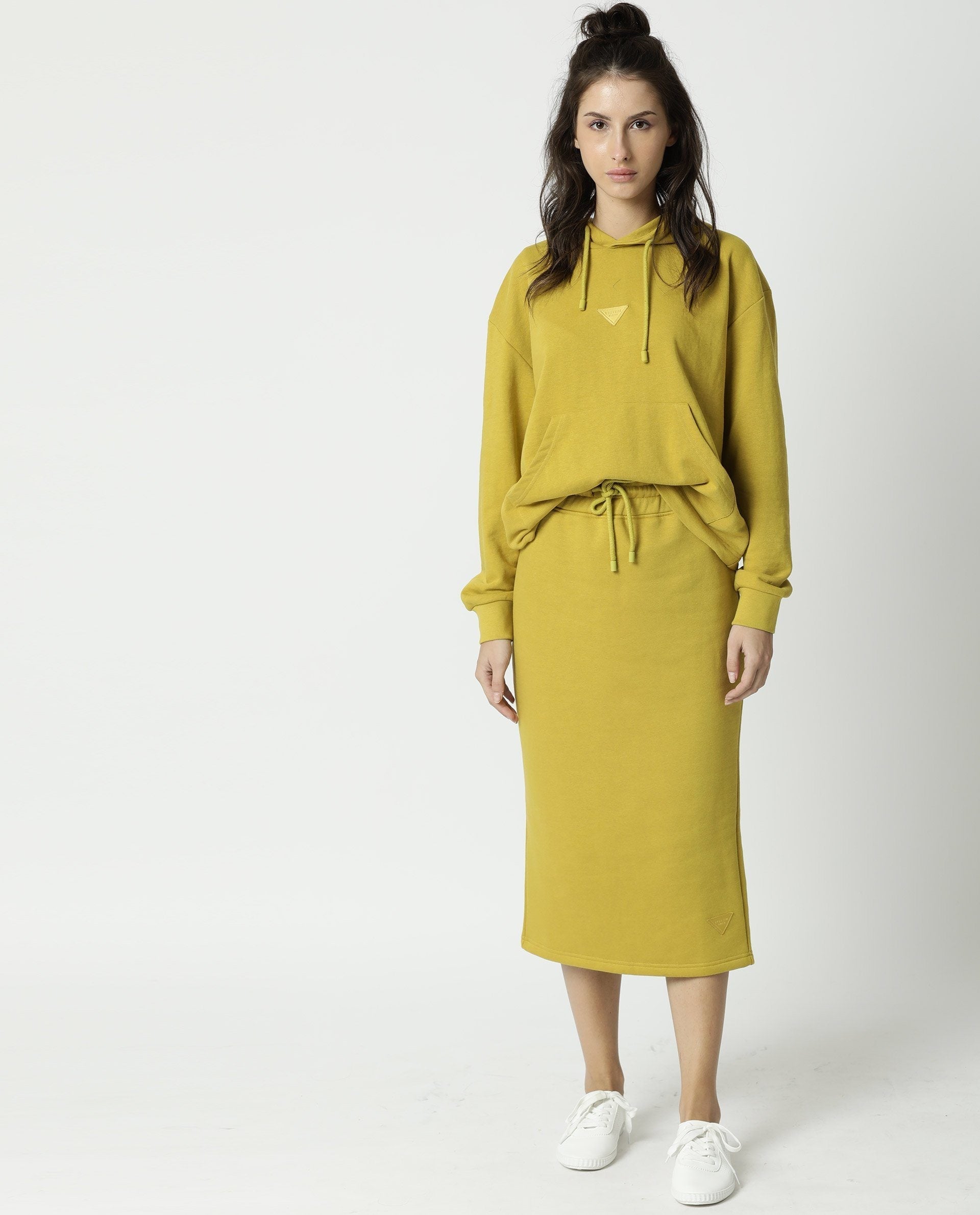 Rareism Women Fudge Yellow Poly Cotton Fabric Tailored Fit High Rise Solid Midi Skirt