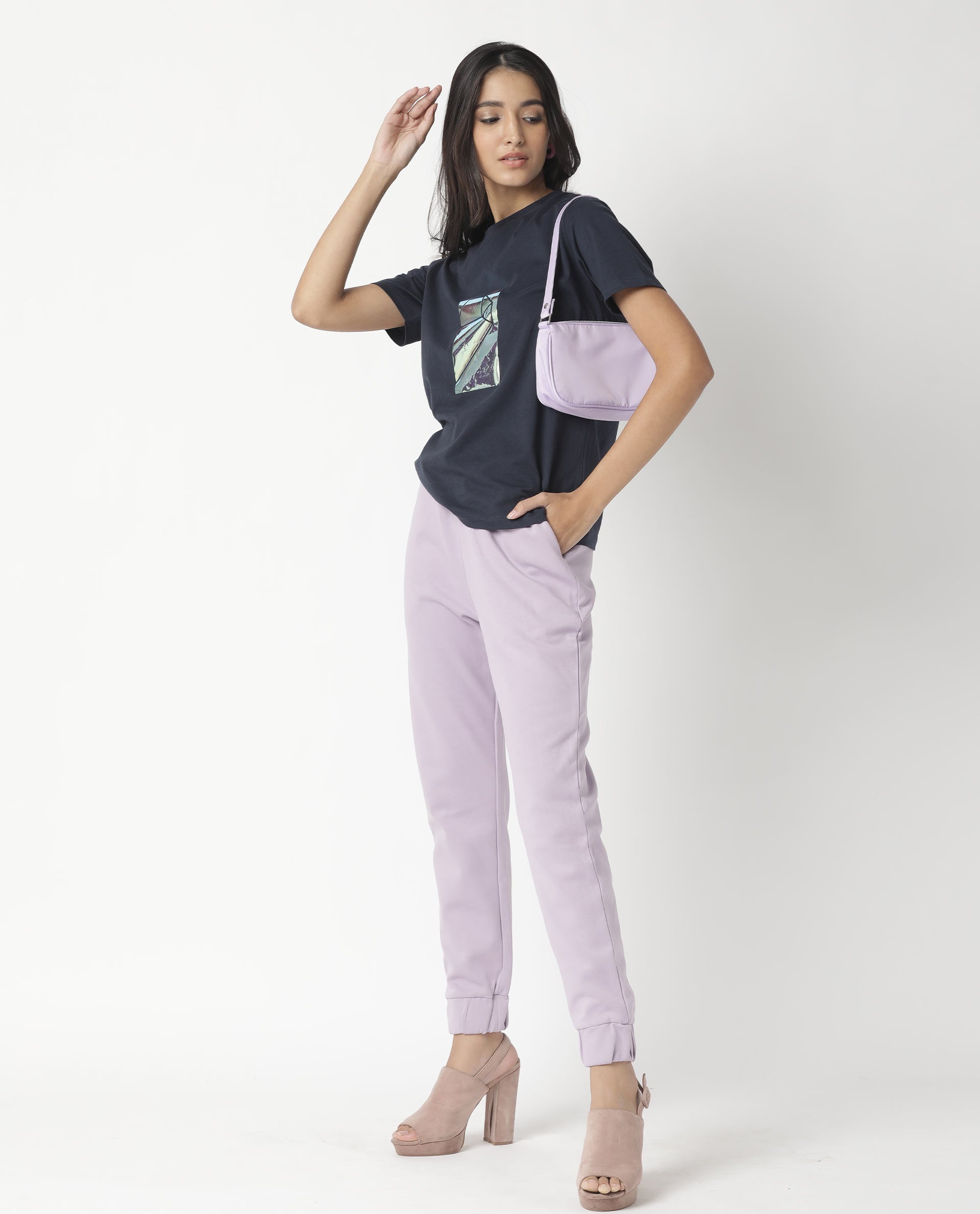 Rareism Women Gulf Navy Cotton Fabric Regular Fit Half Sleeves Graphic Print Crew Neck T-Shirt