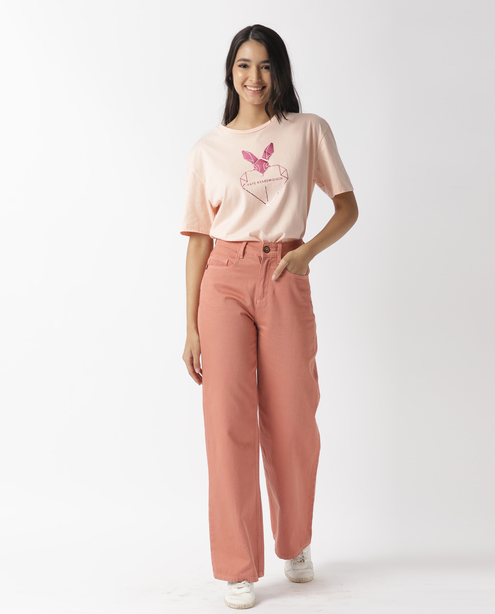 Rareism Women Love Pink Cotton Fabric Regular Fit Half Sleeves Graphic Print Crew Neck T-Shirt