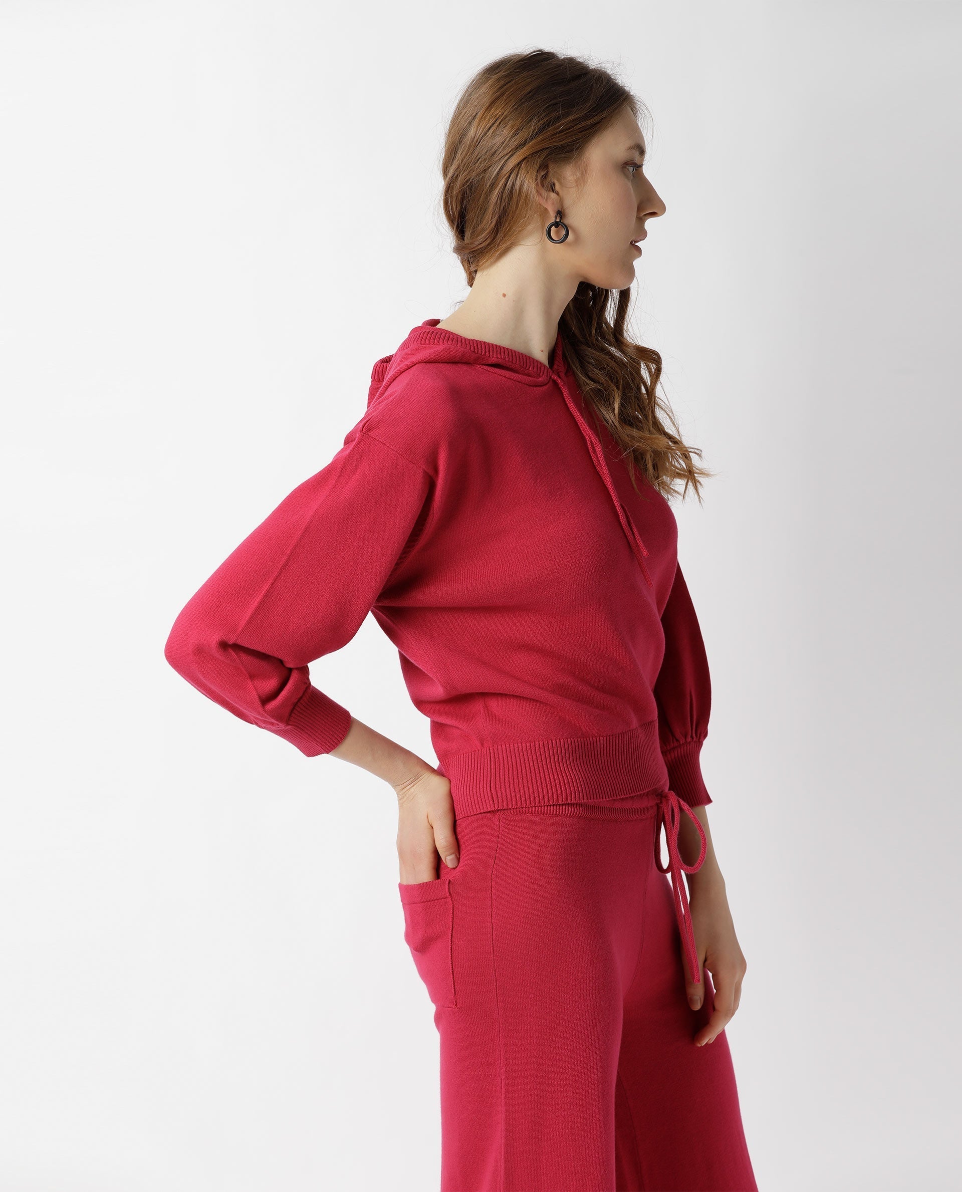 Rareism Women's Finn Sweat Dark Pink Cotton Hooded Plain Relaxed Fit Sweater