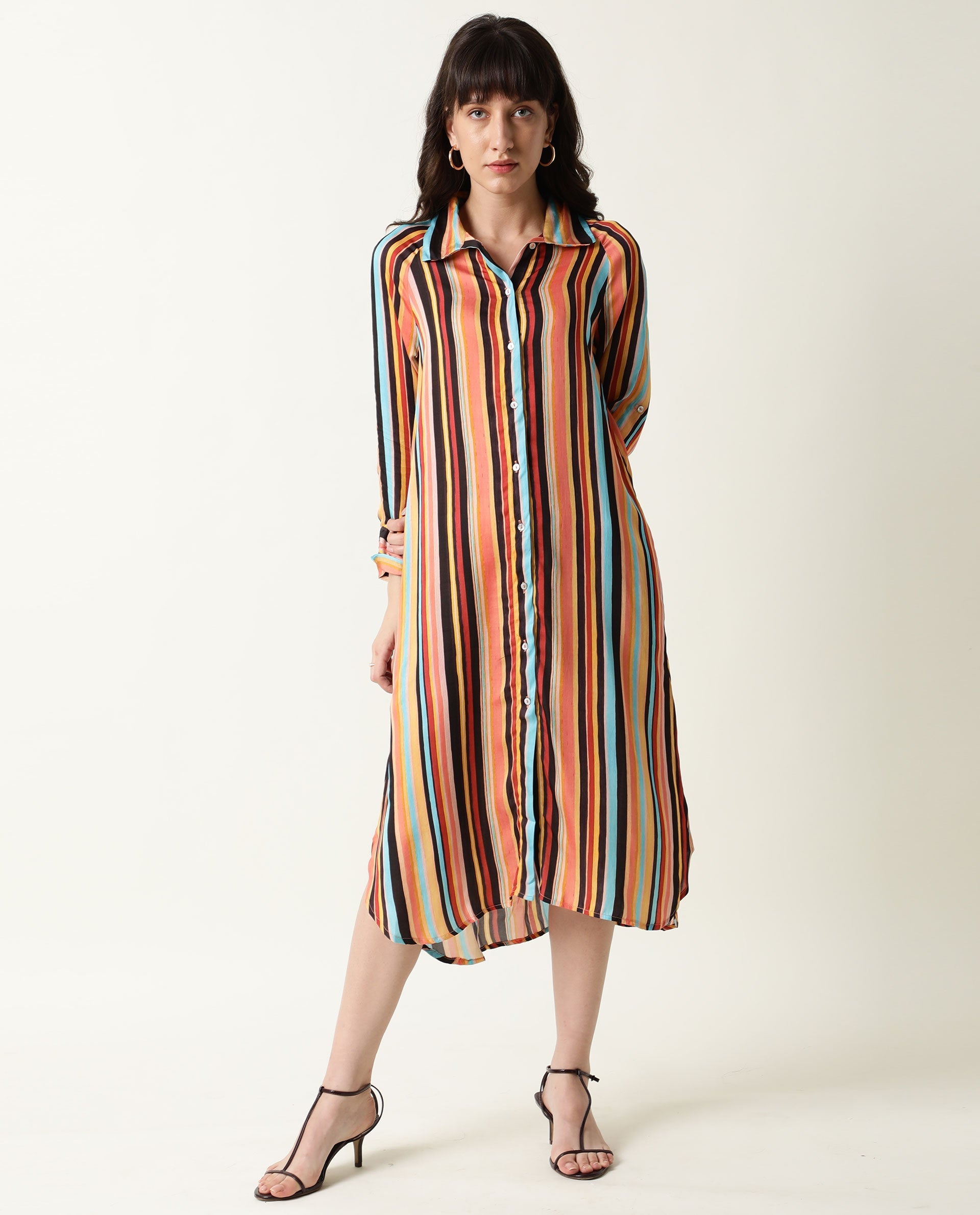 Rareism Women's Mathers Brown Spread Collar Striped Knee Length Regular Fit Dress