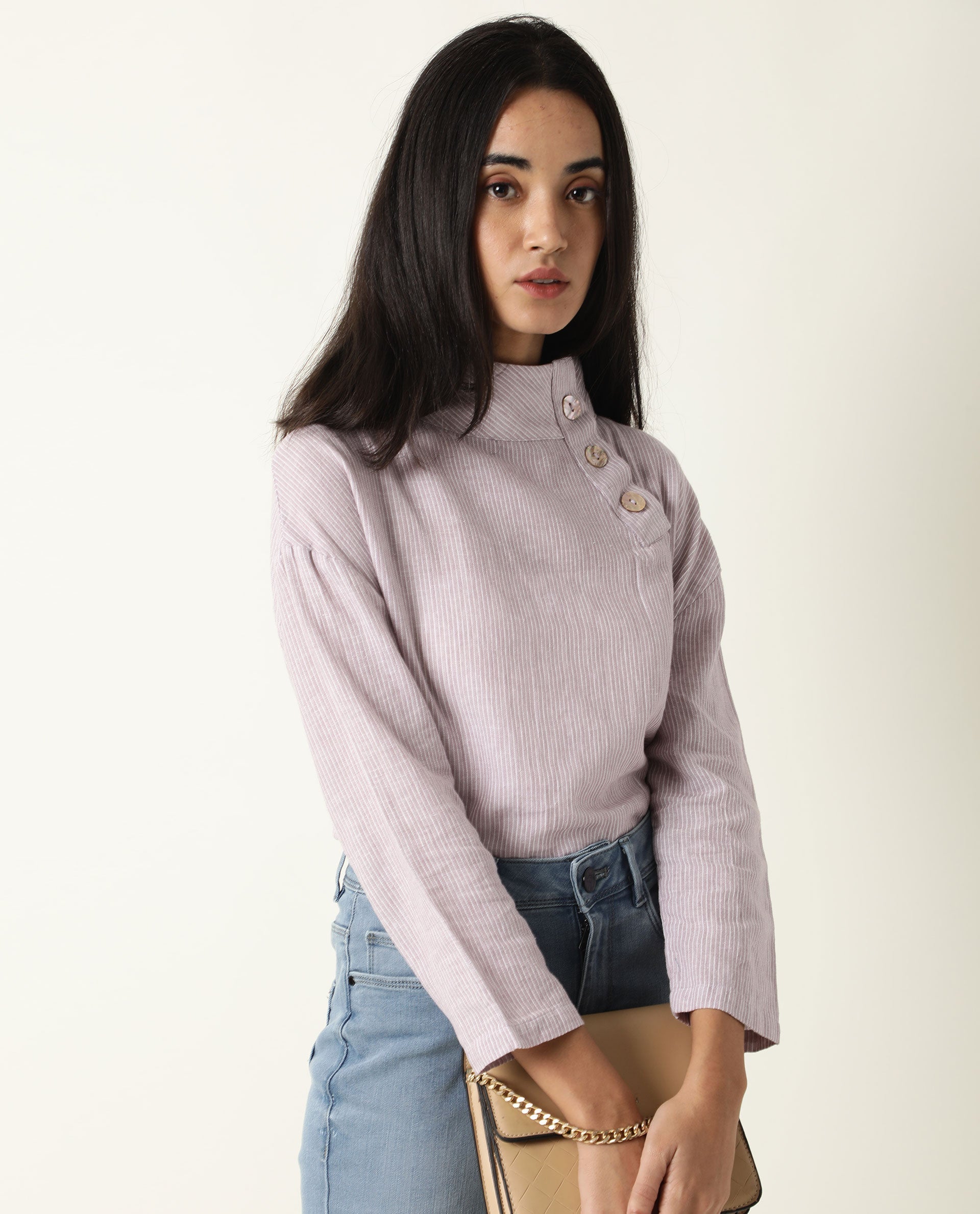 Rareism Women Mute Pastel Purple Cotton Linen Fabric Regular Fit High Neck Full Sleeves Solid Top