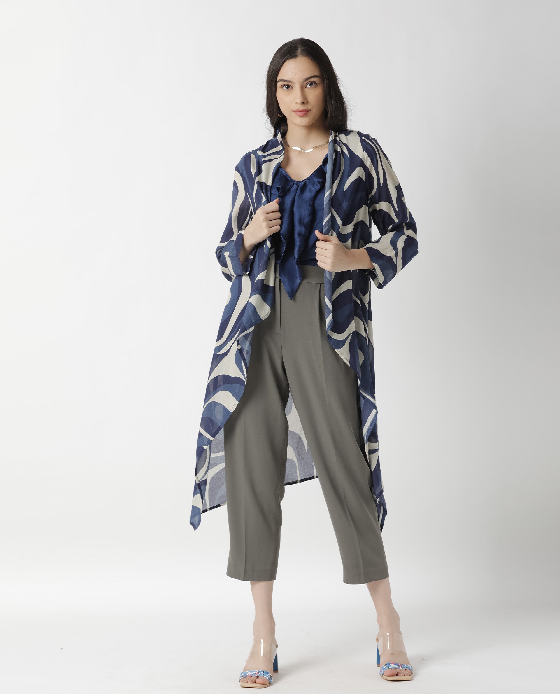 Rareism Women Bohem Blue Overlayer Full Sleeves Printed