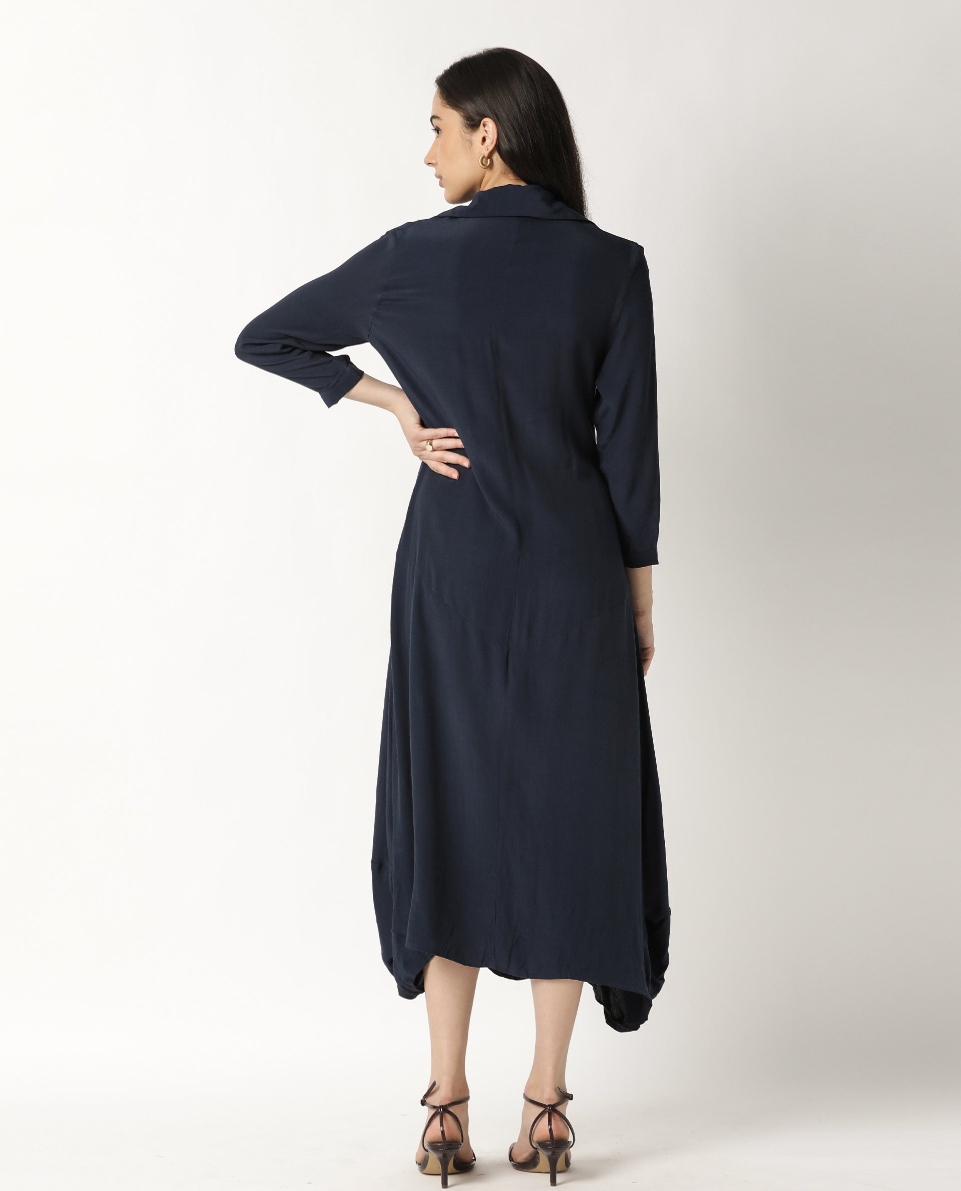 Rareism Women Janice Navy Shirt Collar 3/4 Sleeves Asymmetric Midi Dress