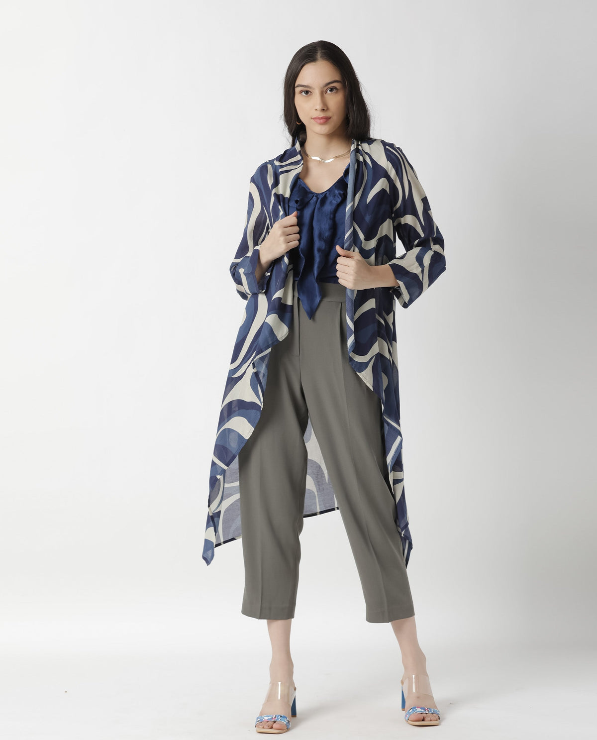 Rareism Women Bohem Blue Overlayer Full Sleeves Printed