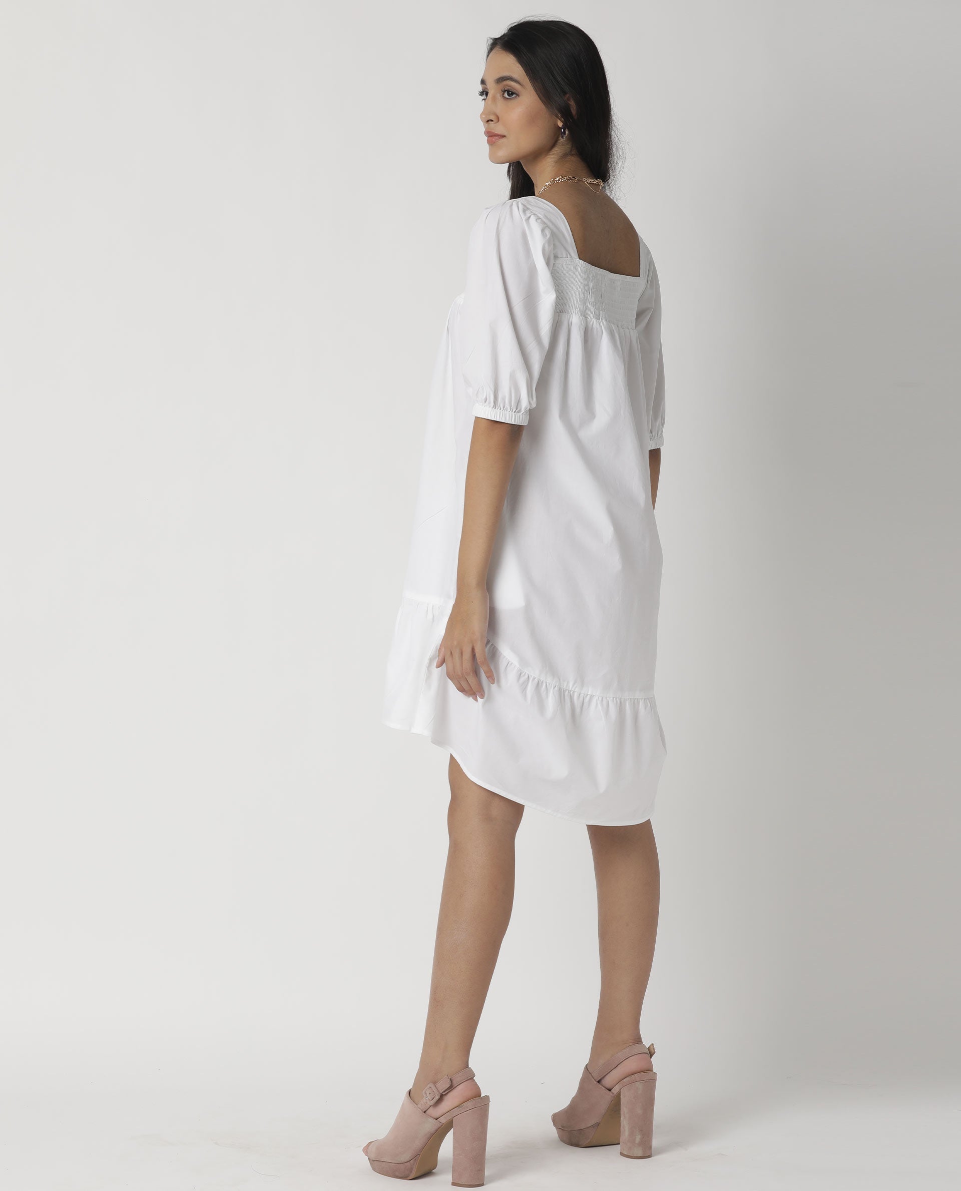 Rareism Womens Tapo White Dress Cotton Fabric Regular Fit Half Sleeve Square Neck