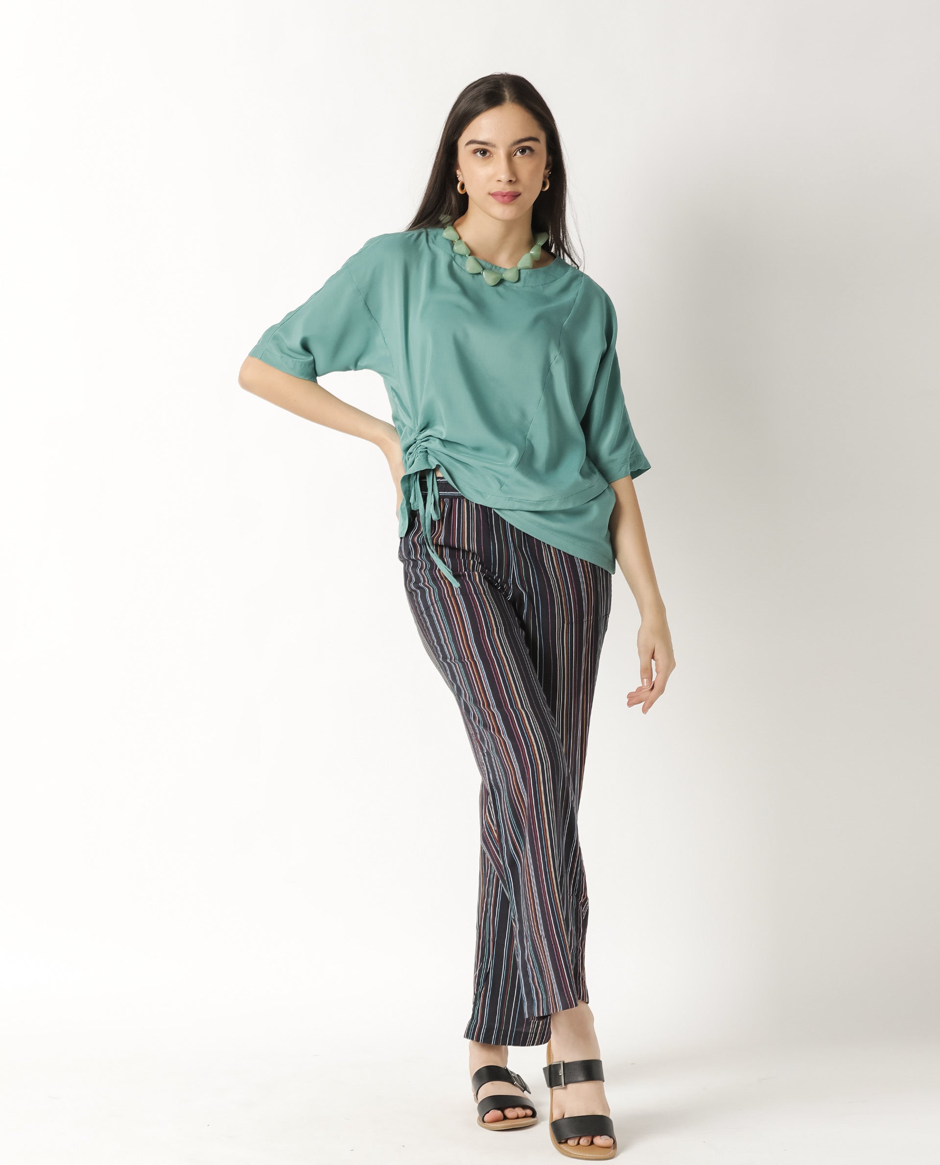 Rareism Women Paecos Green Polyester Fabric Regular Fit Boat Neck 3/4Th Sleeves Solid Top