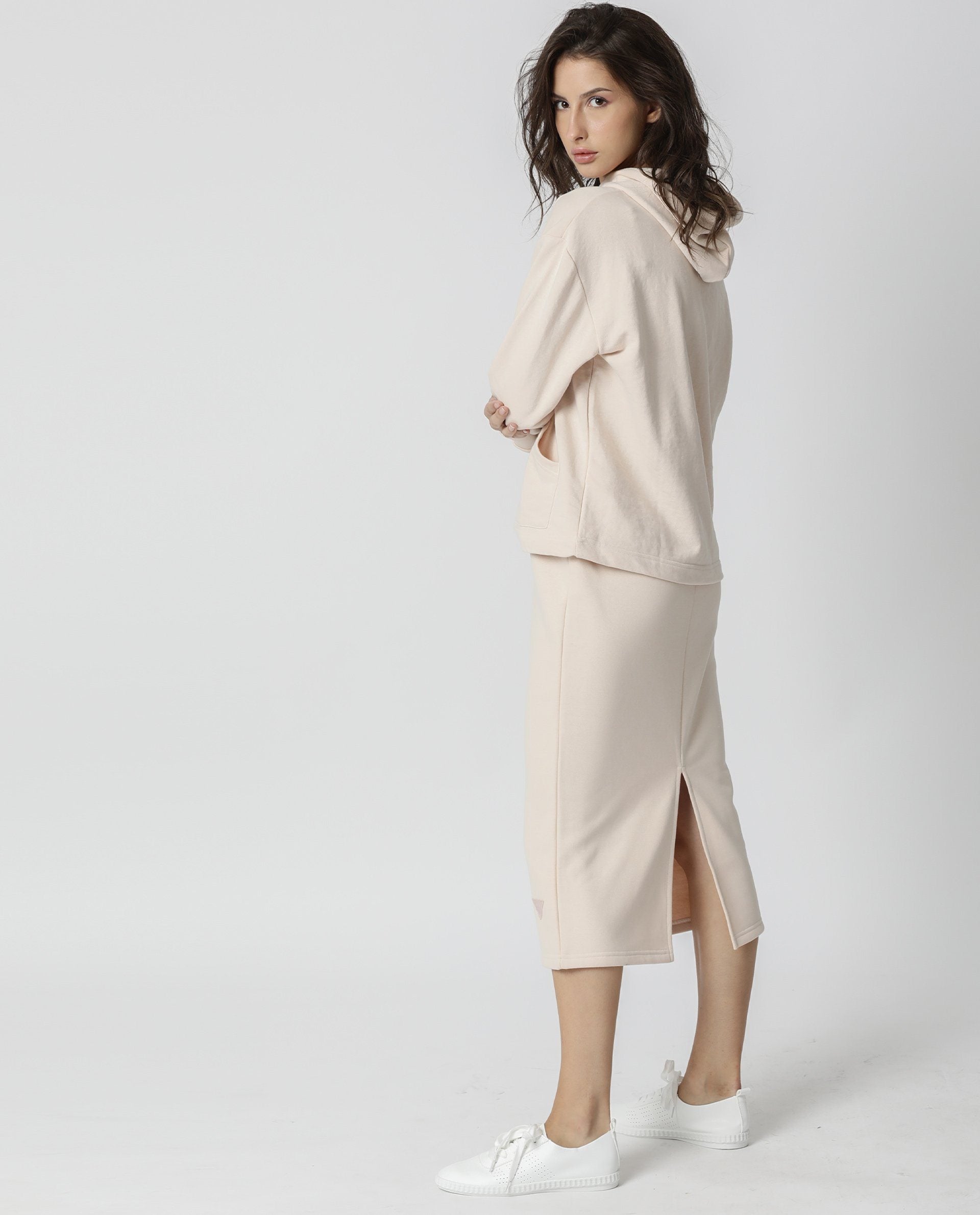 Rareism Women Fudge Beige Poly Cotton Fabric Tailored Fit High Rise Solid Midi Skirt